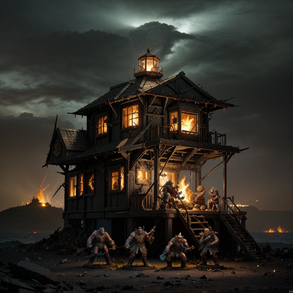 In the setting of warhammer fantasty, the Orcs have built a ramshackle jagged light house made of scrap metal and stone, a pyre blazes at its top. It is a dark stormy night