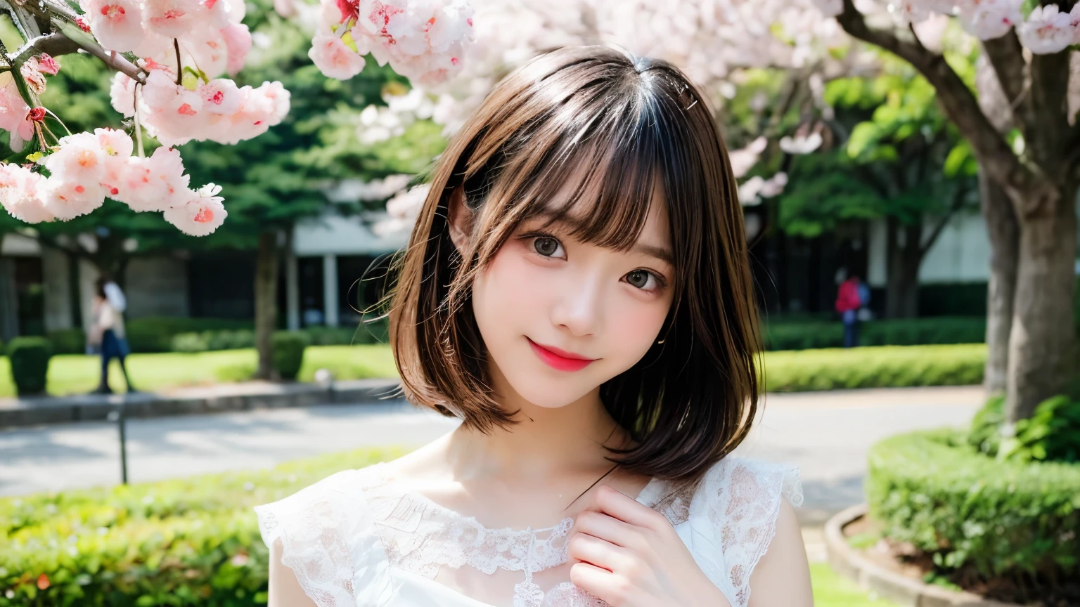 table top, highest quality, shape, Super detailed, finely, High resolution, 8k wallpaper, 完璧なダイナミックな構shape, finelyて美しい目, wearing a white dress,medium hair,natural color lip, smile,Harajuku、 girl、cute、looking at the camera、C cup、brown hair、Blurred cherry blossom background