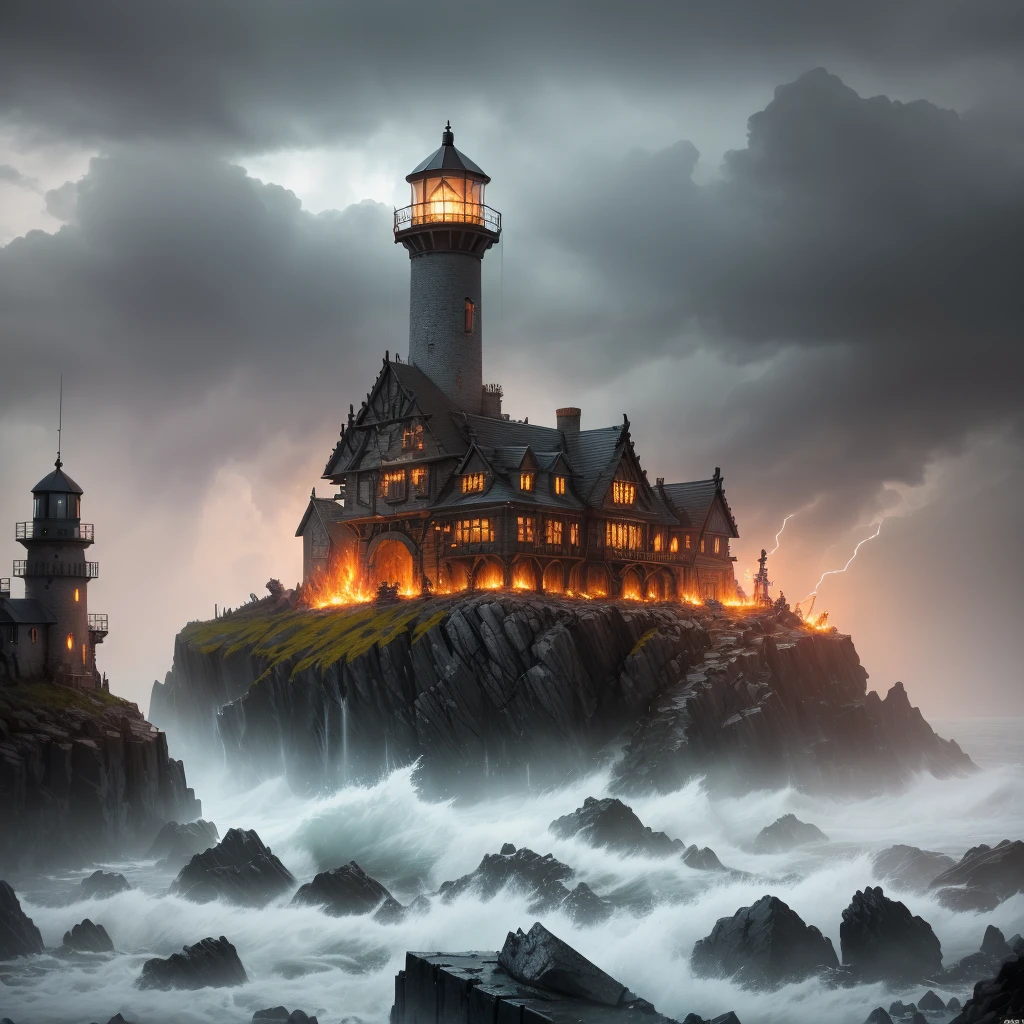 In the setting of warhammer fantasy, the Orcs have built a ramshackle jagged lighthouse made of scrap metal and stone, a pyre blazes at its top. It is a dark stormy night.

(best quality,4k,8k,highres,masterpiece:1.2), ultra-detailed, (realistic,photorealistic,photo-realistic:1.37), HDR, UHD, studio lighting, extreme detail description, professional, vivid colors, bokeh, Physically-based rendering, sharp focus

Orcs, warhammer fantasy, jagged lighthouse, scrap metal, stone, pyre, dark stormy night, eerie atmosphere, thunder and lightning, rain pouring down, billowing dark clouds, waves crashing, wind howling, ominous shadows, ominous sounds, heavy raindrops, wet ground, flickering flames, crackling fire, sparks flying, smoke rising, chaotic surroundings, rugged structure, rusty metal, weathered stone, dramatic composition, dynamic perspective, powerful silhouette, intimidating presence, rough textures, gritty details, haunting ambience, menacing feel, dangerous environment, thrilling adventure, sinister vibe, epic fantasy

Keep in mind that the prompt should follow the specified format and not include any explanations or additional sentences. Make sure to arrange the tags in order of importance and consider incorporating relevant details or elements to create a vivid and captivating image.