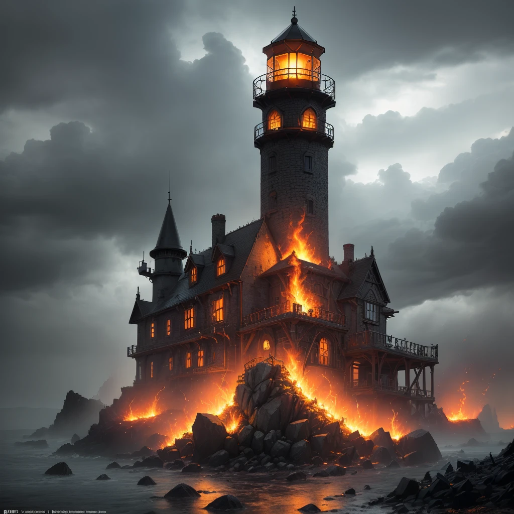 In the setting of warhammer fantasy, the Orcs have built a ramshackle jagged lighthouse made of scrap metal and stone, a pyre blazes at its top. It is a dark stormy night.
(best quality,4k,8k,highres,masterpiece:1.2), ultra-detailed, (realistic,photorealistic,photo-realistic:1.37), HDR, UHD, studio lighting, extreme detail description, professional, vivid colors, bokeh, Physically-based rendering, sharp focus
Orcs, warhammer fantasy, jagged lighthouse, scrap metal, stone, pyre, dark stormy night, eerie atmosphere, thunder and lightning, rain pouring down, billowing dark clouds, waves crashing, wind howling, ominous shadows, ominous sounds, heavy raindrops, wet ground, flickering flames, crackling fire, sparks flying, smoke rising, chaotic surroundings, rugged structure, rusty metal, weathered stone, dramatic composition, dynamic perspective, powerful silhouette, intimidating presence, rough textures, gritty details, haunting ambience, menacing feel, dangerous environment, thrilling adventure, sinister vibe, epic fantasy
Keep in mind that the prompt should follow the specified format and not include any explanations or additional sentences. Make sure to arrange the tags in order of importance and consider incorporating relevant details or elements to create a vivid and captivating image.