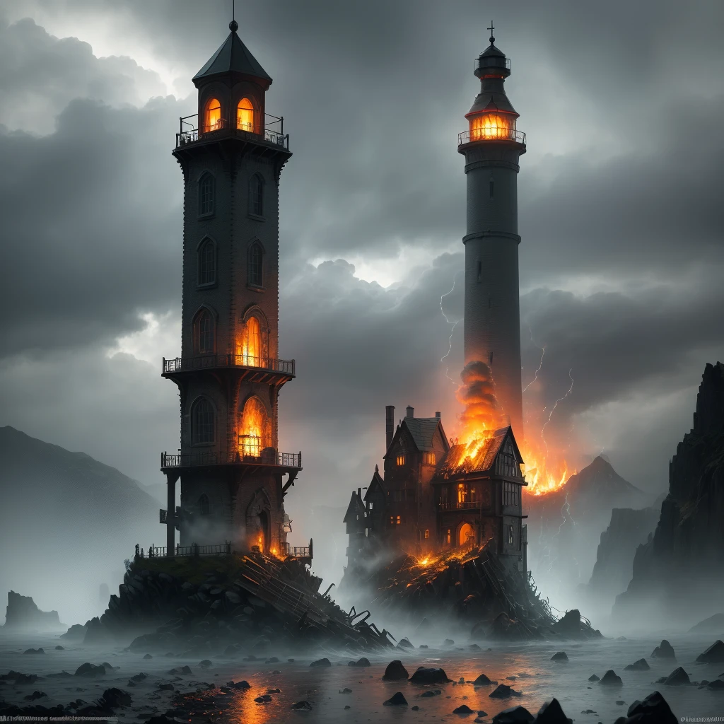 In the setting of warhammer fantasy, the Orcs have built a ramshackle jagged lighthouse made of scrap metal and stone, a pyre blazes at its top. It is a dark stormy night.

(best quality,4k,8k,highres,masterpiece:1.2), ultra-detailed, (realistic,photorealistic,photo-realistic:1.37), HDR, UHD, studio lighting, extreme detail description, professional, vivid colors, bokeh, Physically-based rendering, sharp focus

Orcs, warhammer fantasy, jagged lighthouse, scrap metal, stone, pyre, dark stormy night, eerie atmosphere, thunder and lightning, rain pouring down, billowing dark clouds, waves crashing, wind howling, ominous shadows, ominous sounds, heavy raindrops, wet ground, flickering flames, crackling fire, sparks flying, smoke rising, chaotic surroundings, rugged structure, rusty metal, weathered stone, dramatic composition, dynamic perspective, powerful silhouette, intimidating presence, rough textures, gritty details, haunting ambience, menacing feel, dangerous environment, thrilling adventure, sinister vibe, epic fantasy

Keep in mind that the prompt should follow the specified format and not include any explanations or additional sentences. Make sure to arrange the tags in order of importance and consider incorporating relevant details or elements to create a vivid and captivating image.
