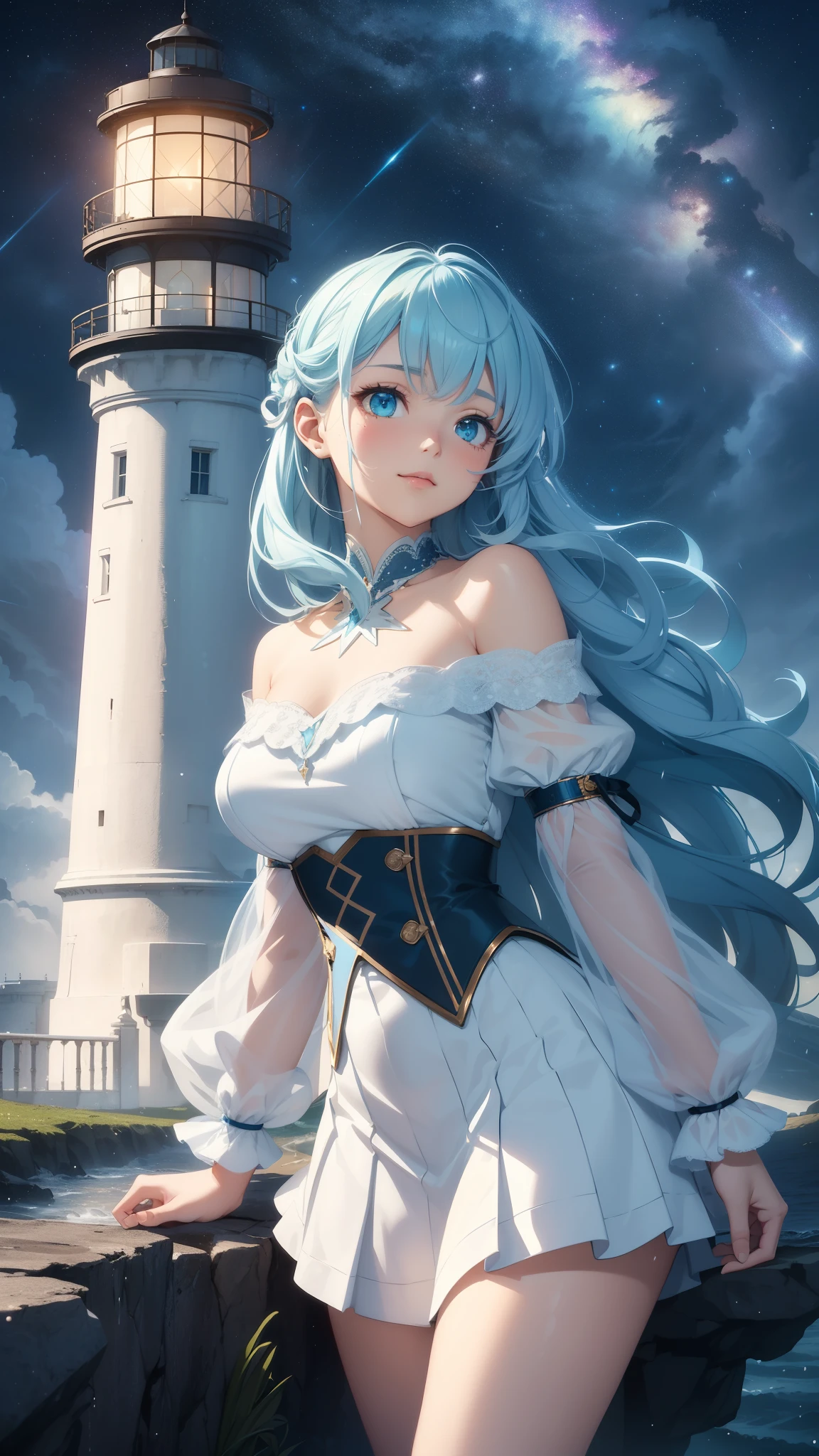 (masterpiece), high details, high quality, photorealistic, hyper-detailed, realistic skin texture, perfect face, A beautiful Lighthouse, look at the Lighthouse, shimmering with lustrous hues matching scheme, light reflecting, (thunderstorm, lightning storm, Lighthouse illuminating the night, galaxy sky, (The Lighthouse is surrounded by a sea ​​waves barely seen through the rain, Clouds and fog on the Lighthouse, Lighthouse illuminating the night as background), the Lighthouse looks like floating on the air, Illuminated by the moonlight, galaxy night with nebulae, high details background), fantasy art style, high quality detailed art, fantasy mixed with realism, charming, (silver and white colors schemes),