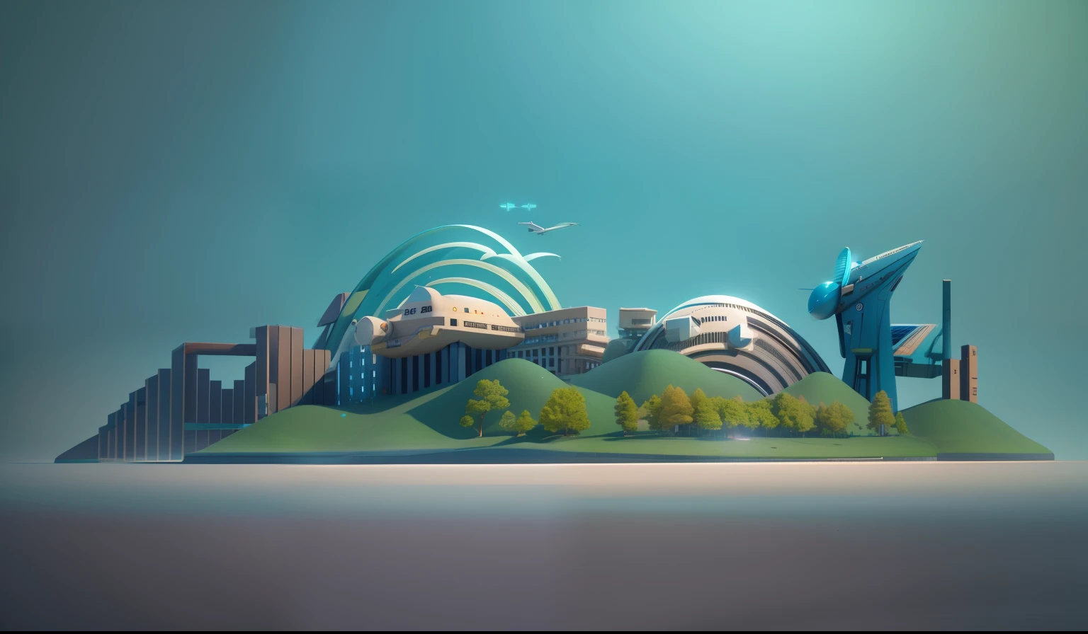 Installation, green and sky blue, high resolution, high quality, sharp focus, octane rendering with global light source, studio lighting and volumetric lighting, high contrast, soft shadows, no blurring, sharp details c4d, unreal engine 5, rendering 3d,4D color rendering, 3D rendering stylized, Stylized digital illustration, 3 d stylize scene, stylized 3d rendering