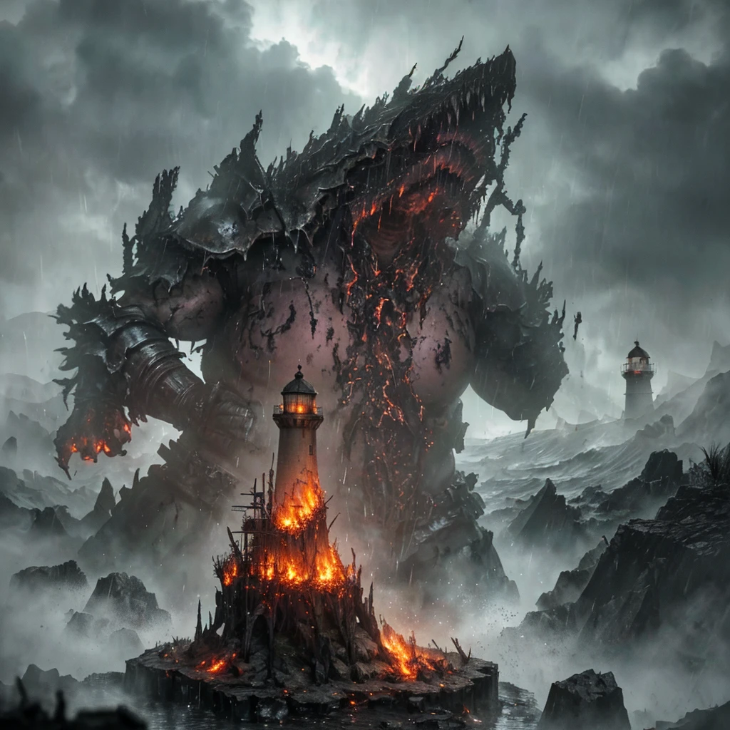 In the setting of warhammer fantasy, the Orcs have built a ramshackle jagged lighthouse made of scrap metal and stone, a pyre blazes at its top. It is a dark stormy night. (best quality,4k,8k,highres,masterpiece:1.2), ultra-detailed, (realistic,photorealistic,photo-realistic:1.37), HDR, UHD, studio lighting, extreme detail description, professional, vivid colors, bokeh, Physically-based rendering, sharp focus Orcs, warhammer fantasy, jagged lighthouse, scrap metal, stone, pyre, dark stormy night, eerie atmosphere, thunder and lightning, rain pouring down, billowing dark clouds, waves crashing, wind howling, ominous shadows, ominous sounds, heavy raindrops, wet ground, flickering flames, crackling fire, sparks flying, smoke rising, chaotic surroundings, rugged structure, rusty metal, weathered stone, dramatic composition, dynamic perspective, powerful silhouette, intimidating presence, rough textures, gritty details, haunting ambience, menacing feel, dangerous environment, thrilling adventure, sinister vibe, epic fantasy Keep in mind that the prompt should follow the specified format and not include any explanations or additional sentences. Make sure to arrange the tags in order of importance and consider incorporating relevant details or elements to create a vivid and captivating image.