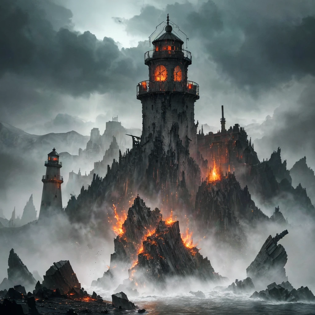 In the setting of warhammer fantasy, the Orcs have built a ramshackle jagged lighthouse made of scrap metal and stone, a pyre blazes at its top. It is a dark stormy night. (best quality,4k,8k,highres,masterpiece:1.2), ultra-detailed, (realistic,photorealistic,photo-realistic:1.37), HDR, UHD, studio lighting, extreme detail description, professional, vivid colors, bokeh, Physically-based rendering, sharp focus Orcs, warhammer fantasy, jagged lighthouse, scrap metal, stone, pyre, dark stormy night, eerie atmosphere, thunder and lightning, rain pouring down, billowing dark clouds, waves crashing, wind howling, ominous shadows, ominous sounds, heavy raindrops, wet ground, flickering flames, crackling fire, sparks flying, smoke rising, chaotic surroundings, rugged structure, rusty metal, weathered stone, dramatic composition, dynamic perspective, powerful silhouette, intimidating presence, rough textures, gritty details, haunting ambience, menacing feel, dangerous environment, thrilling adventure, sinister vibe, epic fantasy Keep in mind that the prompt should follow the specified format and not include any explanations or additional sentences. Make sure to arrange the tags in order of importance and consider incorporating relevant details or elements to create a vivid and captivating image.
