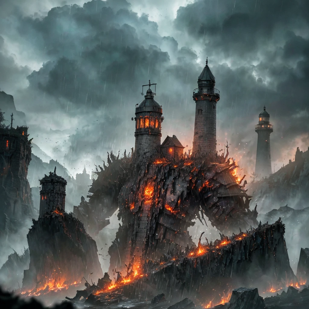 In the setting of warhammer fantasy, the Orcs have built a ramshackle jagged lighthouse made of scrap metal and stone, a pyre blazes at its top. It is a dark stormy night. (best quality,4k,8k,highres,masterpiece:1.2), ultra-detailed, (realistic,photorealistic,photo-realistic:1.37), HDR, UHD, studio lighting, extreme detail description, professional, vivid colors, bokeh, Physically-based rendering, sharp focus Orcs, warhammer fantasy, jagged lighthouse, scrap metal, stone, pyre, dark stormy night, eerie atmosphere, thunder and lightning, rain pouring down, billowing dark clouds, waves crashing, wind howling, ominous shadows, ominous sounds, heavy raindrops, wet ground, flickering flames, crackling fire, sparks flying, smoke rising, chaotic surroundings, rugged structure, rusty metal, weathered stone, dramatic composition, dynamic perspective, powerful silhouette, intimidating presence, rough textures, gritty details, haunting ambience, menacing feel, dangerous environment, thrilling adventure, sinister vibe, epic fantasy Keep in mind that the prompt should follow the specified format and not include any explanations or additional sentences. Make sure to arrange the tags in order of importance and consider incorporating relevant details or elements to create a vivid and captivating image.