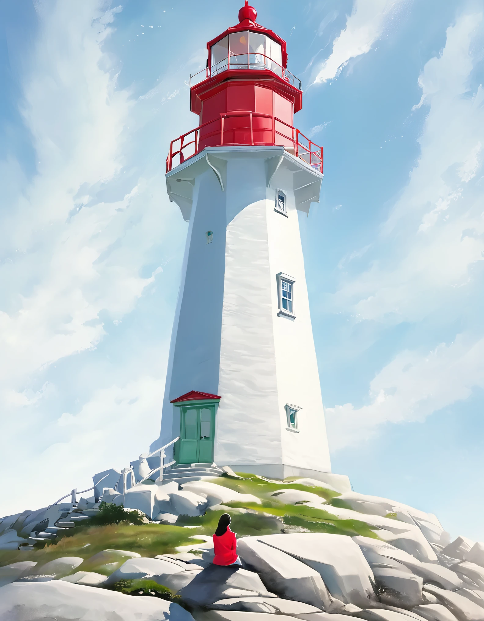 Chinese girl sitting in beautiful Peggy's Cove, Canada,Looking up at the huge lighthouse