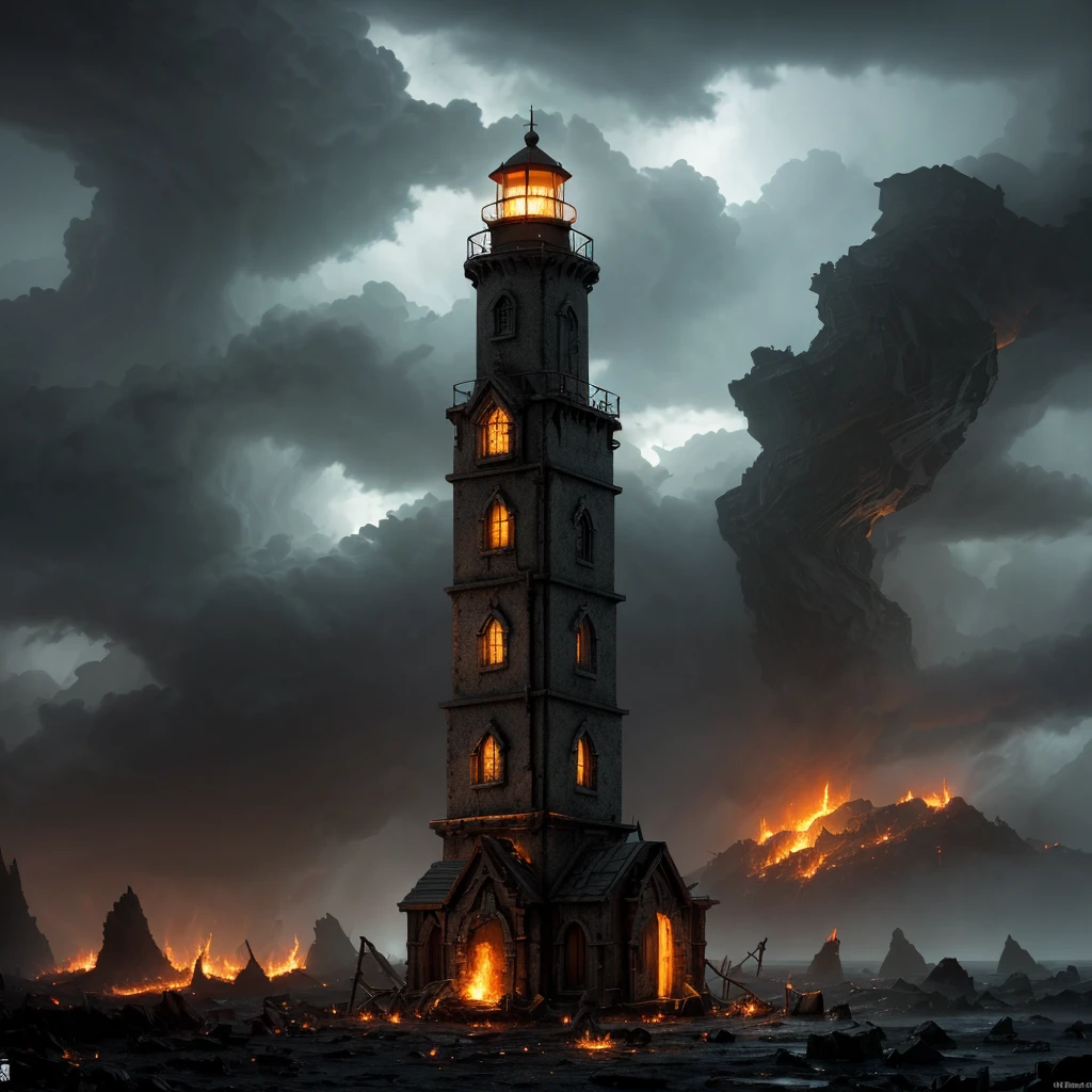 In the setting of warhammer fantasy, the Orcs have built a ramshackle jagged lighthouse made of scrap metal and stone, a pyre blazes at its top. It is a dark stormy night. (best quality,4k,8k,highres,masterpiece:1.2), ultra-detailed, (realistic,photorealistic,photo-realistic:1.37), HDR, UHD, studio lighting, extreme detail description, professional, vivid colors, bokeh, Physically-based rendering, sharp focus Orcs, warhammer fantasy, jagged lighthouse, scrap metal, stone, pyre, dark stormy night, eerie atmosphere, thunder and lightning, rain pouring down, billowing dark clouds, waves crashing, wind howling, ominous shadows, ominous sounds, heavy raindrops, wet ground, flickering flames, crackling fire, sparks flying, smoke rising, chaotic surroundings, rugged structure, rusty metal, weathered stone, dramatic composition, dynamic perspective, powerful silhouette, intimidating presence, rough textures, gritty details, haunting ambience, menacing feel, dangerous environment, thrilling adventure, sinister vibe, epic fantasy Keep in mind that the prompt should follow the specified format and not include any explanations or additional sentences. Make sure to arrange the tags in order of importance and consider incorporating relevant details or elements to create a vivid and captivating image.