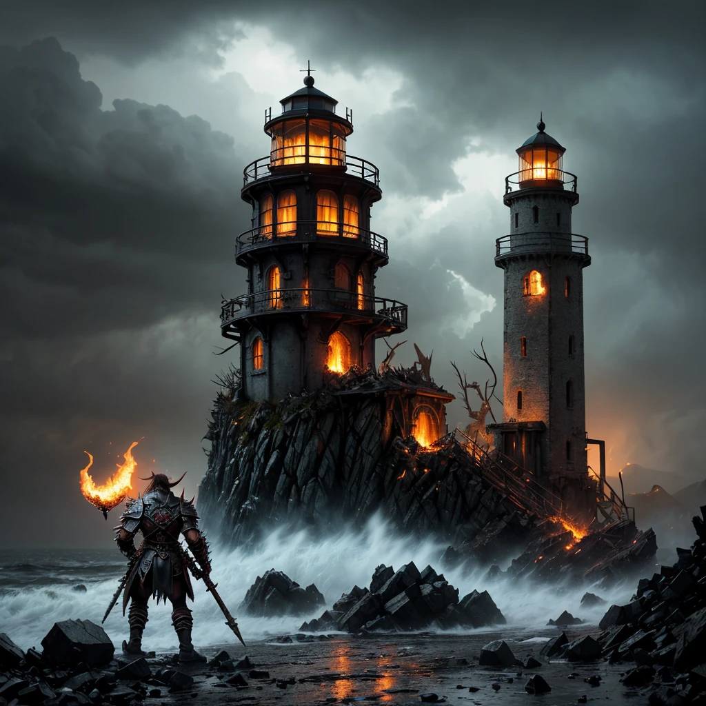 In the setting of warhammer fantasy, the Orcs have built a ramshackle jagged lighthouse made of scrap metal and stone, a pyre blazes at its top. It is a dark stormy night. (best quality,4k,8k,highres,masterpiece:1.2), ultra-detailed, (realistic,photorealistic,photo-realistic:1.37), HDR, UHD, studio lighting, extreme detail description, professional, vivid colors, bokeh, Physically-based rendering, sharp focus Orcs, warhammer fantasy, jagged lighthouse, scrap metal, stone, pyre, dark stormy night, eerie atmosphere, thunder and lightning, rain pouring down, billowing dark clouds, waves crashing, wind howling, ominous shadows, ominous sounds, heavy raindrops, wet ground, flickering flames, crackling fire, sparks flying, smoke rising, chaotic surroundings, rugged structure, rusty metal, weathered stone, dramatic composition, dynamic perspective, powerful silhouette, intimidating presence, rough textures, gritty details, haunting ambience, menacing feel, dangerous environment, thrilling adventure, sinister vibe, epic fantasy Keep in mind that the prompt should follow the specified format and not include any explanations or additional sentences. Make sure to arrange the tags in order of importance and consider incorporating relevant details or elements to create a vivid and captivating image.