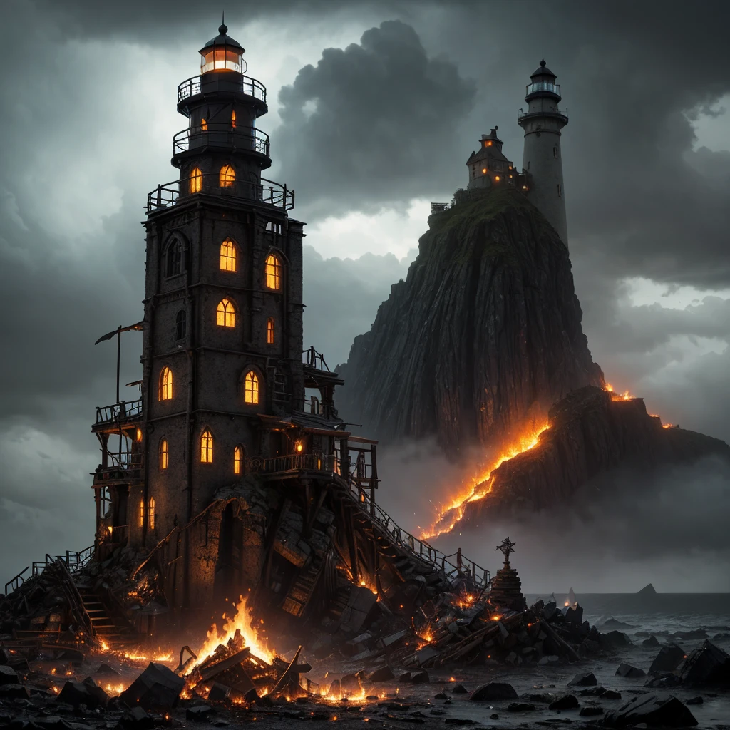 In the setting of warhammer fantasy, the Orcs have built a ramshackle jagged lighthouse made of scrap metal and stone, a pyre blazes at its top. It is a dark stormy night. (best quality,4k,8k,highres,masterpiece:1.2), ultra-detailed, (realistic,photorealistic,photo-realistic:1.37), HDR, UHD, studio lighting, extreme detail description, professional, vivid colors, bokeh, Physically-based rendering, sharp focus Orcs, warhammer fantasy, jagged lighthouse, scrap metal, stone, pyre, dark stormy night, eerie atmosphere, thunder and lightning, rain pouring down, billowing dark clouds, waves crashing, wind howling, ominous shadows, ominous sounds, heavy raindrops, wet ground, flickering flames, crackling fire, sparks flying, smoke rising, chaotic surroundings, rugged structure, rusty metal, weathered stone, dramatic composition, dynamic perspective, powerful silhouette, intimidating presence, rough textures, gritty details, haunting ambience, menacing feel, dangerous environment, thrilling adventure, sinister vibe, epic fantasy Keep in mind that the prompt should follow the specified format and not include any explanations or additional sentences. Make sure to arrange the tags in order of importance and consider incorporating relevant details or elements to create a vivid and captivating image.