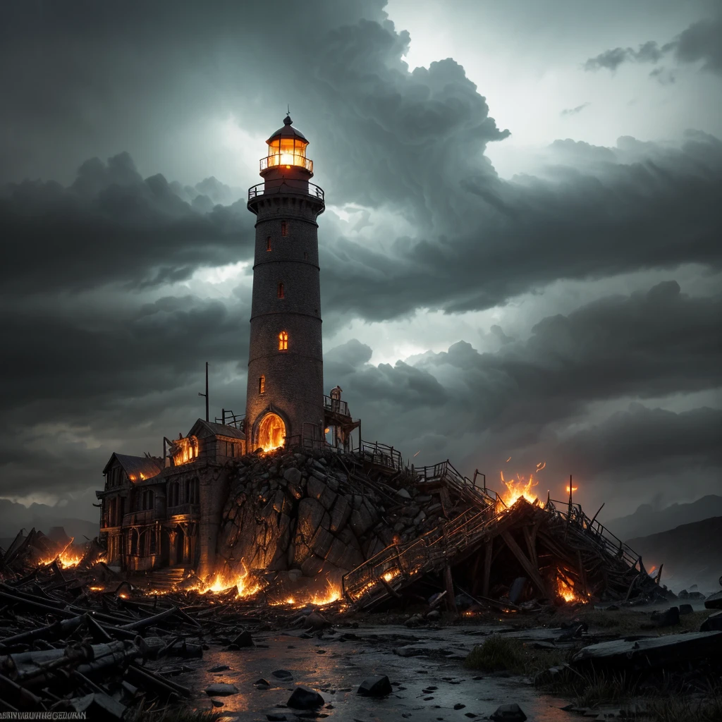 In the setting of warhammer fantasy, the Orcs have built a ramshackle jagged lighthouse made of scrap metal and stone, a pyre blazes at its top. It is a dark stormy night. (best quality,4k,8k,highres,masterpiece:1.2), ultra-detailed, (realistic,photorealistic,photo-realistic:1.37), HDR, UHD, studio lighting, extreme detail description, professional, vivid colors, bokeh, Physically-based rendering, sharp focus Orcs, warhammer fantasy, jagged lighthouse, scrap metal, stone, pyre, dark stormy night, eerie atmosphere, thunder and lightning, rain pouring down, billowing dark clouds, waves crashing, wind howling, ominous shadows, ominous sounds, heavy raindrops, wet ground, flickering flames, crackling fire, sparks flying, smoke rising, chaotic surroundings, rugged structure, rusty metal, weathered stone, dramatic composition, dynamic perspective, powerful silhouette, intimidating presence, rough textures, gritty details, haunting ambience, menacing feel, dangerous environment, thrilling adventure, sinister vibe, epic fantasy Keep in mind that the prompt should follow the specified format and not include any explanations or additional sentences. Make sure to arrange the tags in order of importance and consider incorporating relevant details or elements to create a vivid and captivating image.