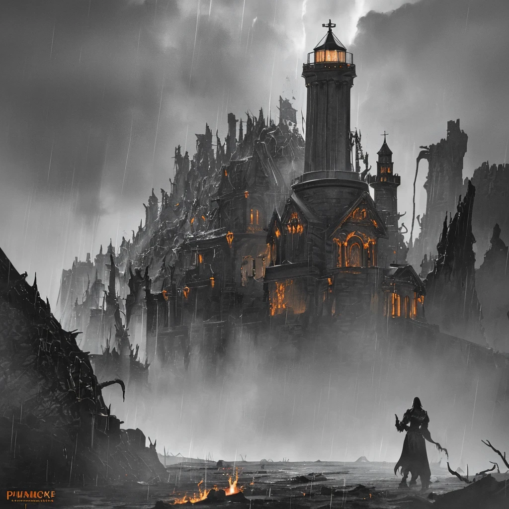 In the setting of warhammer fantasy, the Orcs have built a ramshackle jagged lighthouse made of scrap metal and stone, a pyre blazes at its top. It is a dark stormy night. (best quality,4k,8k,highres,masterpiece:1.2), ultra-detailed, (realistic,photorealistic,photo-realistic:1.37), HDR, UHD, studio lighting, extreme detail description, professional, vivid colors, bokeh, Physically-based rendering, sharp focus Orcs, warhammer fantasy, jagged lighthouse, scrap metal, stone, pyre, dark stormy night, eerie atmosphere, thunder and lightning, rain pouring down, billowing dark clouds, waves crashing, wind howling, ominous shadows, ominous sounds, heavy raindrops, wet ground, flickering flames, crackling fire, sparks flying, smoke rising, chaotic surroundings, rugged structure, rusty metal, weathered stone, dramatic composition, dynamic perspective, powerful silhouette, intimidating presence, rough textures, gritty details, haunting ambience, menacing feel, dangerous environment, thrilling adventure, sinister vibe, epic fantasy Keep in mind that the prompt should follow the specified format and not include any explanations or additional sentences. Make sure to arrange the tags in order of importance and consider incorporating relevant details or elements to create a vivid and captivating image.