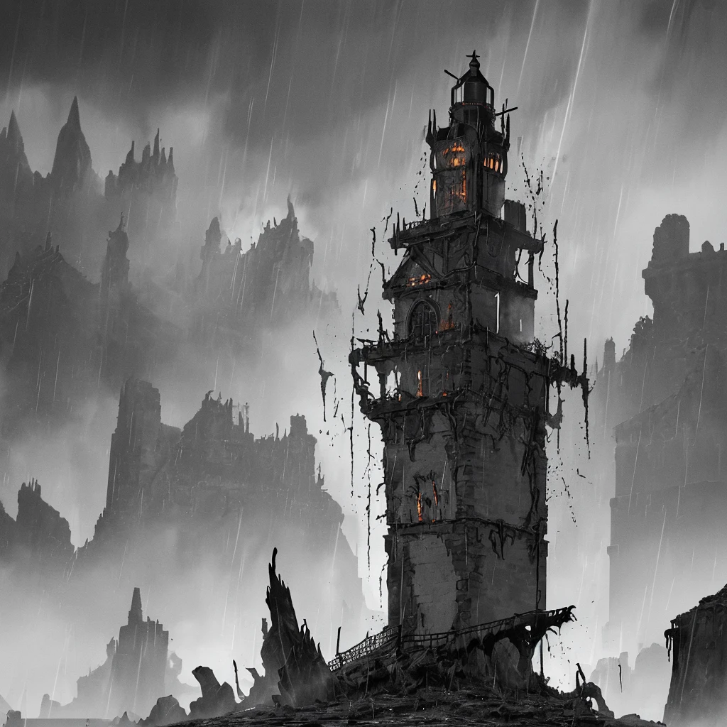 In the setting of warhammer fantasy, the Orcs have built a ramshackle jagged lighthouse made of scrap metal and stone, a pyre blazes at its top. It is a dark stormy night. (best quality,4k,8k,highres,masterpiece:1.2), ultra-detailed, (realistic,photorealistic,photo-realistic:1.37), HDR, UHD, studio lighting, extreme detail description, professional, vivid colors, bokeh, Physically-based rendering, sharp focus Orcs, warhammer fantasy, jagged lighthouse, scrap metal, stone, pyre, dark stormy night, eerie atmosphere, thunder and lightning, rain pouring down, billowing dark clouds, waves crashing, wind howling, ominous shadows, ominous sounds, heavy raindrops, wet ground, flickering flames, crackling fire, sparks flying, smoke rising, chaotic surroundings, rugged structure, rusty metal, weathered stone, dramatic composition, dynamic perspective, powerful silhouette, intimidating presence, rough textures, gritty details, haunting ambience, menacing feel, dangerous environment, thrilling adventure, sinister vibe, epic fantasy Keep in mind that the prompt should follow the specified format and not include any explanations or additional sentences. Make sure to arrange the tags in order of importance and consider incorporating relevant details or elements to create a vivid and captivating image.