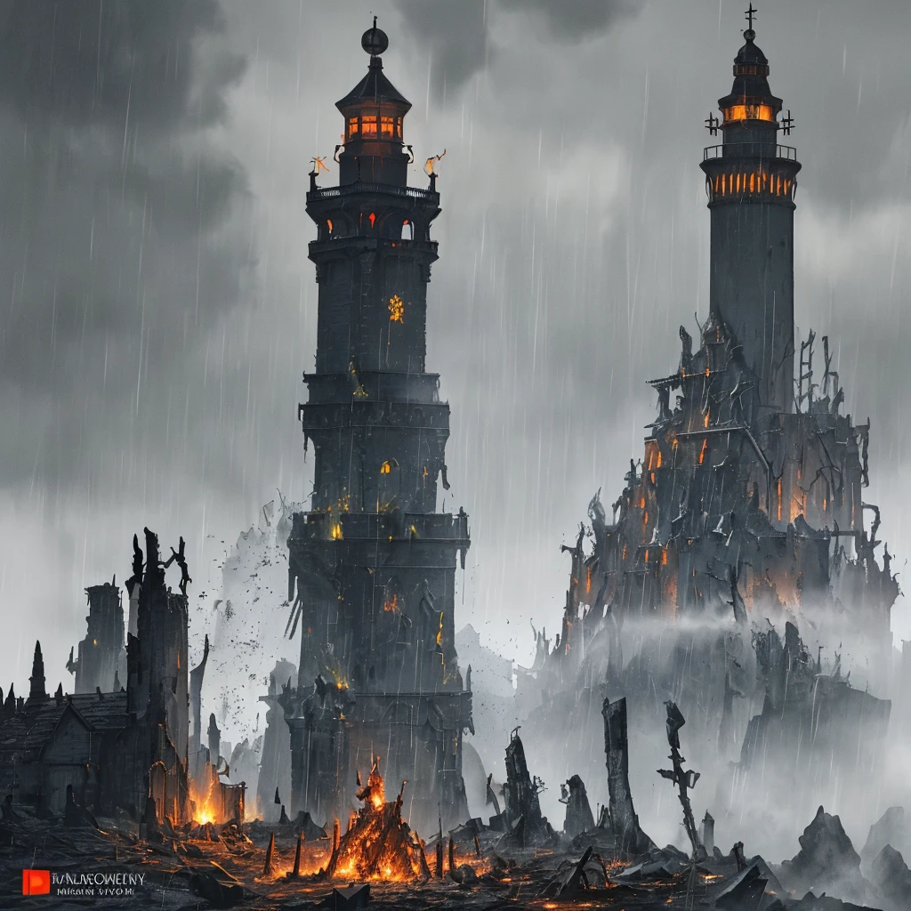 In the setting of warhammer fantasy, the Orcs have built a ramshackle jagged lighthouse made of scrap metal and stone, a pyre blazes at its top. It is a dark stormy night. (best quality,4k,8k,highres,masterpiece:1.2), ultra-detailed, (realistic,photorealistic,photo-realistic:1.37), HDR, UHD, studio lighting, extreme detail description, professional, vivid colors, bokeh, Physically-based rendering, sharp focus Orcs, warhammer fantasy, jagged lighthouse, scrap metal, stone, pyre, dark stormy night, eerie atmosphere, thunder and lightning, rain pouring down, billowing dark clouds, waves crashing, wind howling, ominous shadows, ominous sounds, heavy raindrops, wet ground, flickering flames, crackling fire, sparks flying, smoke rising, chaotic surroundings, rugged structure, rusty metal, weathered stone, dramatic composition, dynamic perspective, powerful silhouette, intimidating presence, rough textures, gritty details, haunting ambience, menacing feel, dangerous environment, thrilling adventure, sinister vibe, epic fantasy Keep in mind that the prompt should follow the specified format and not include any explanations or additional sentences. Make sure to arrange the tags in order of importance and consider incorporating relevant details or elements to create a vivid and captivating image.