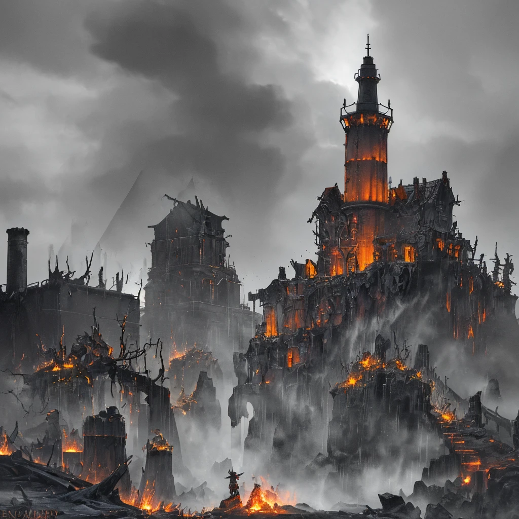 In the setting of warhammer fantasy, the Orcs have built a ramshackle jagged lighthouse made of scrap metal and stone, a pyre blazes at its top. It is a dark stormy night. (best quality,4k,8k,highres,masterpiece:1.2), ultra-detailed, (realistic,photorealistic,photo-realistic:1.37), HDR, UHD, studio lighting, extreme detail description, professional, vivid colors, bokeh, Physically-based rendering, sharp focus Orcs, warhammer fantasy, jagged lighthouse, scrap metal, stone, pyre, dark stormy night, eerie atmosphere, thunder and lightning, rain pouring down, billowing dark clouds, waves crashing, wind howling, ominous shadows, ominous sounds, heavy raindrops, wet ground, flickering flames, crackling fire, sparks flying, smoke rising, chaotic surroundings, rugged structure, rusty metal, weathered stone, dramatic composition, dynamic perspective, powerful silhouette, intimidating presence, rough textures, gritty details, haunting ambience, menacing feel, dangerous environment, thrilling adventure, sinister vibe, epic fantasy Keep in mind that the prompt should follow the specified format and not include any explanations or additional sentences. Make sure to arrange the tags in order of importance and consider incorporating relevant details or elements to create a vivid and captivating image.