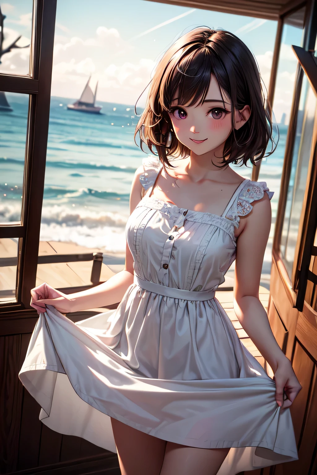 very cute and beautiful girl standing near the window,Ruffled white summer dress with fine lace,(skirt lift,white panties),
(very detailed美しい顔),Antique hotel bedroom with outside view,distant tree々and the sea,
cowboy shot,(smile),blush,looking at the viewer,medium hair,black hair,
(highest quality,masterpiece:1.2),disorganized,High resolution,super detailed,very detailed,32K,8K resolution,
intricate details,movie-like scene,detailed background,alone,dynamic angle,
Natural light,particles of light,beautiful and detailed sky,