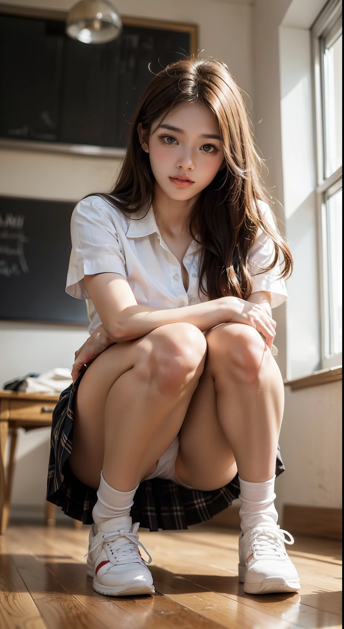 Her blouse is unbuttoned and her breasts are exposed.、I can see the cleavage、sit with one's knees、sit with your heels on the ground、hold your knees with both hands、shins facing forward、body facing forward、sit with your heels on the ground、open legs、open crotch、white panties、8k photo、Live shooting、Highest image quality、masterpiece:1.2、real、photorealistic、high contrast、photon mapping、realism、Super detailed、professional lighting、Low - Angle:1.2)、(1 girl)、(solo:1.5)、(Height is 165 cm), (18 year old high school girl), (Japanese high school uniform)、(summer blouse:1.2)、(plaid short skirt:1.2)、(white shirt with student ribbon:1.2)、(squatting down looking straight ahead)、(open crotch:1.2), (white panties:1.5)、(camel toe)、(white sneakers:1.2)、 (perfect proportions:1.2), (Hard to see from under the skirt:1.5), (The detailed shape of the female private parts is clearly visible:1.4), (have pubic hair:1.4), (textured skin)