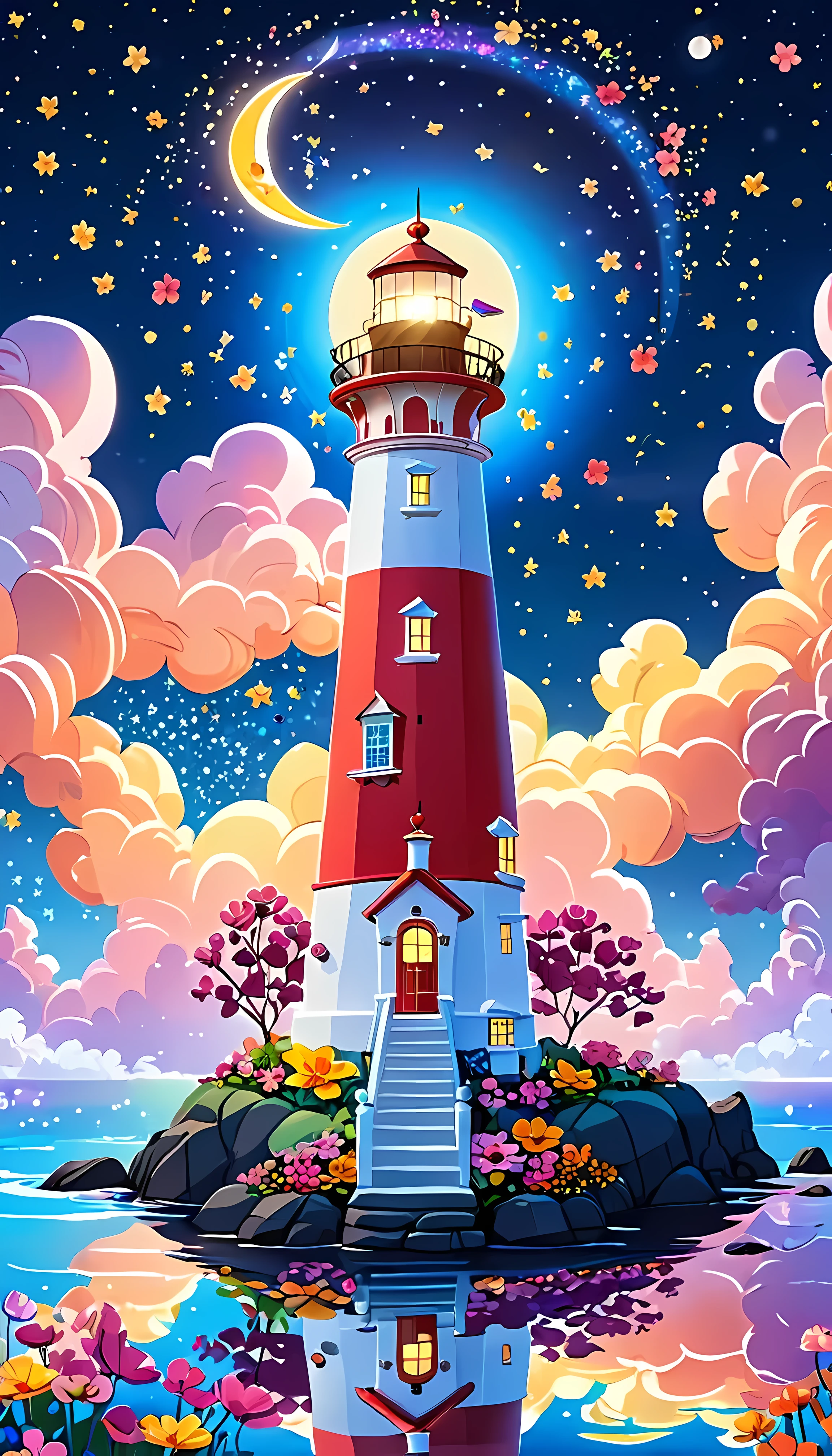 CuteCartoonAF, Cute Cartoon, masterpiece in maximum 16K resolution, superb quality, a whimsical tall lighthouse on a floating big island, the lighthouse has playful design, the floating island has colorful flowers and whimsical trees, night sky with winkling stars, a shooting star, a crescent moon, dreamy color palette. | ((More_Detail))