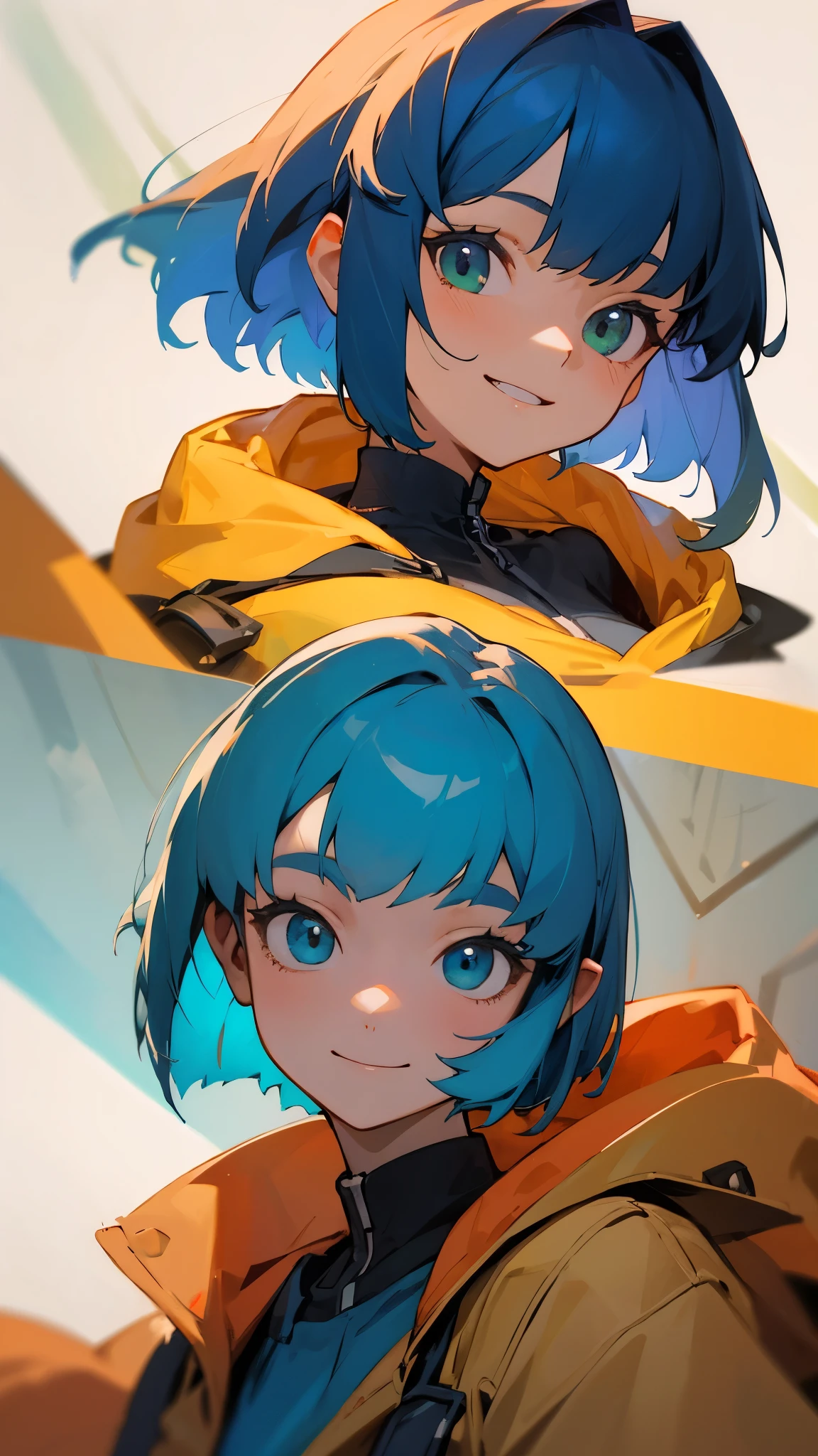 Portrait of one person、16 year old girl、riders jacket、dark blue hair、bob hair、green round eyes、smile, impression, (oil), Blue and orange tones、Zelda Style