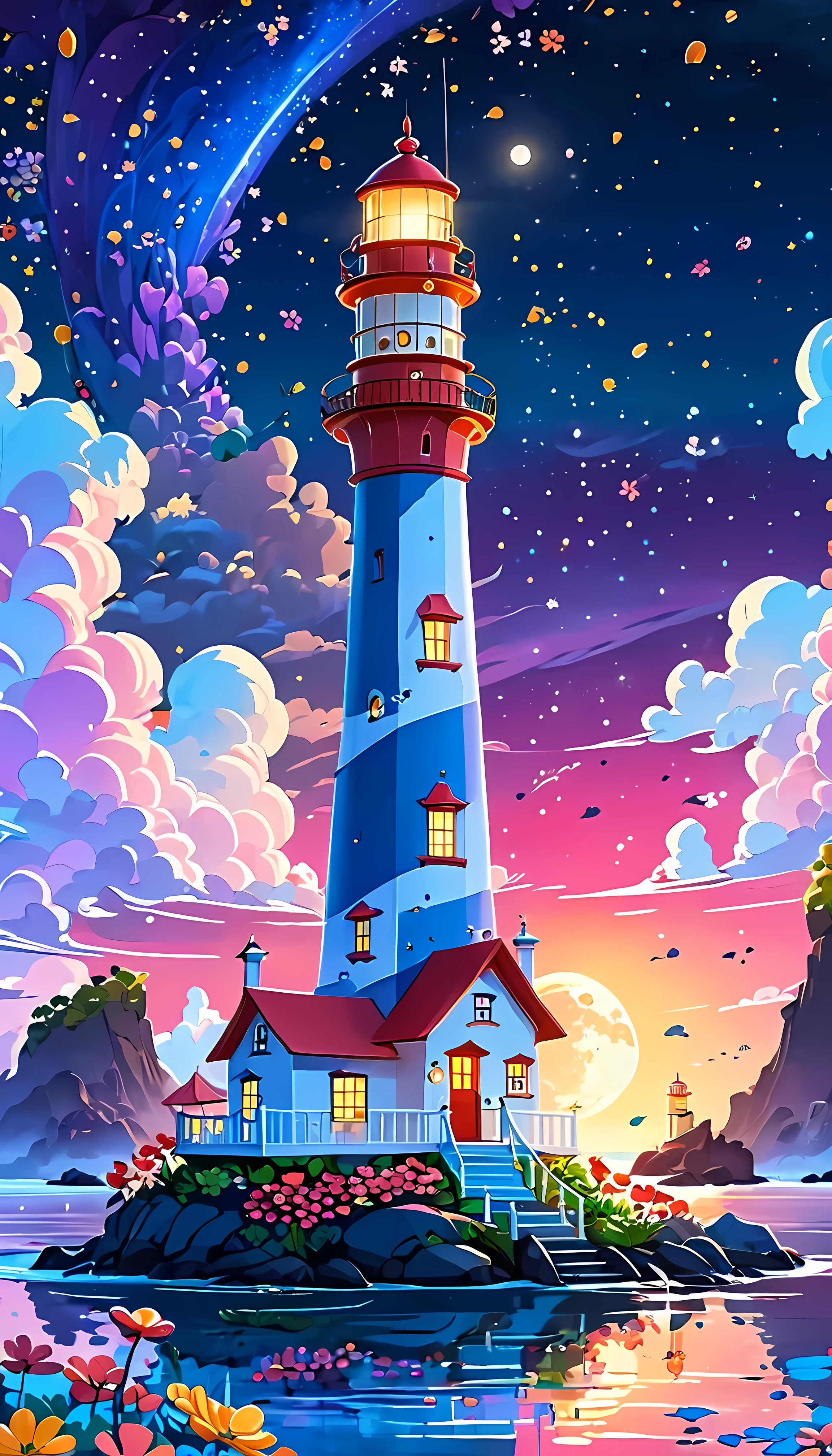CuteCartoonAF, Cute Cartoon, masterpiece in maximum 16K resolution, superb quality, a whimsical tall lighthouse (on a floating big island:1.3), the lighthouse has playful design, the floating island has colorful flowers and whimsical trees, night sky with winkling stars, a full moon, dreamy color palette. | ((More_Detail))