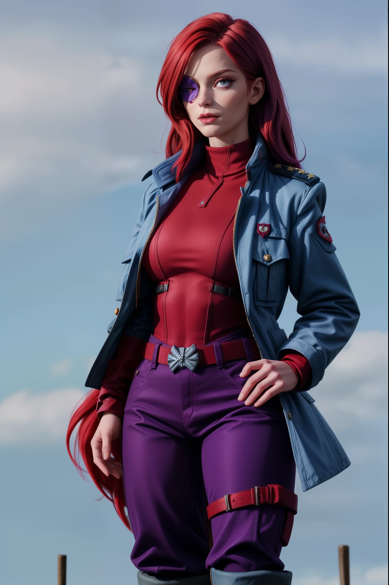 Captain Alexandra Nelly: bright red hair with purple streaks, deep blue left eye with a faint magical glow, right eye covered by a plain eye patch concealing a scar extending across the right side of her face. Wears a practical yet stylish captain's outfit: tailored coat, rugged trousers, and boots suitable for sky navigation. Her aura is one of determination, resilience, and a touch of mystique, hinting at her human and magical heritage.
