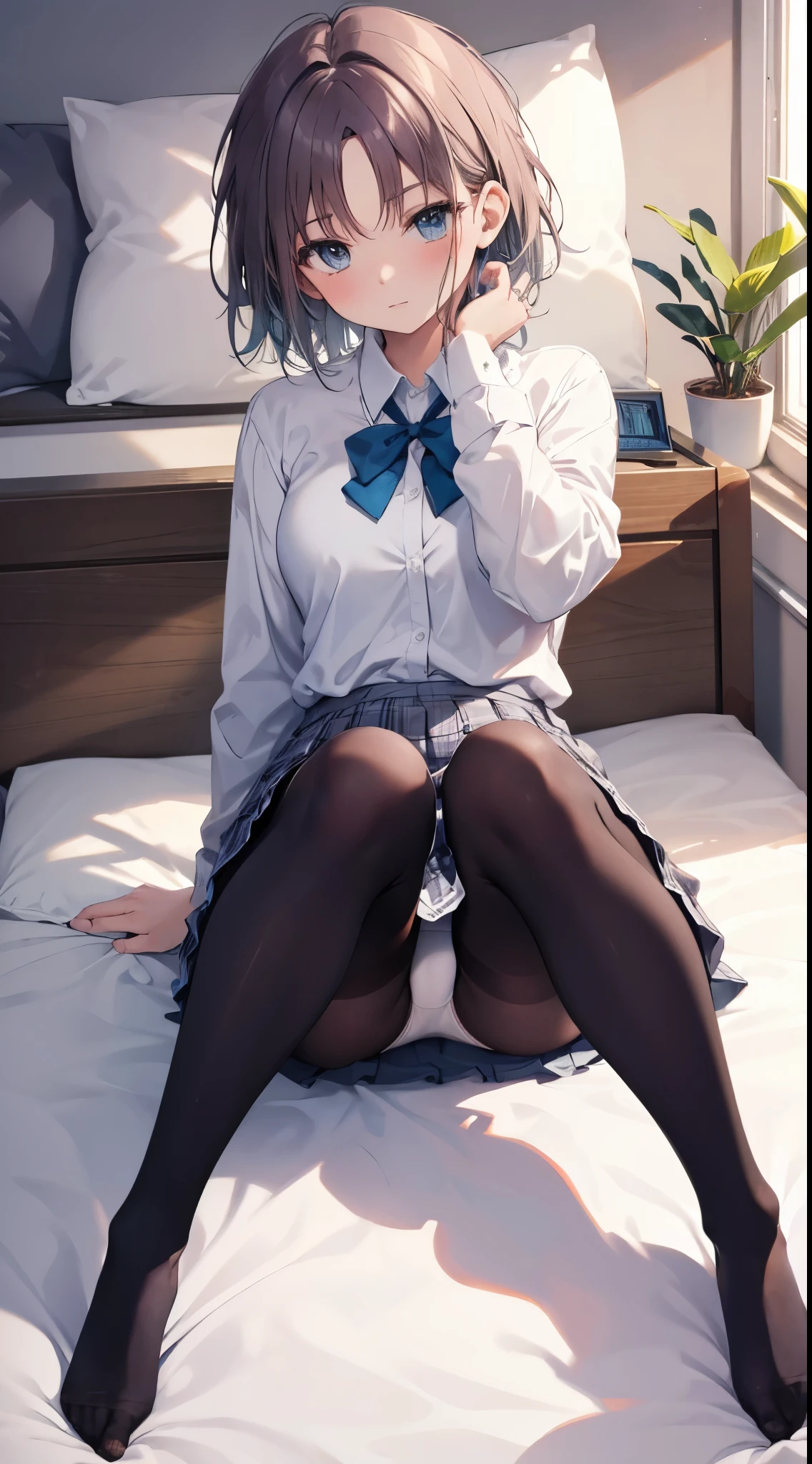 finest, masterpiece, High resolution, (Full body view from head to toe), Composition from slightly below the front, Symmetrical, 18 years old, slim and beautiful girl, alone, (small breasts), (not wearing shoes),Unkempt brown hair, bangs, (black tights), (black pantyhose), (Pose with legs spread on the bed), tied up with both arms hidden behind the back, (Composition showing white panties), (her legs spread、I can see white panties.), blush, shy big eyes, looking at camera, blazer uniform, plaid pleated skirt