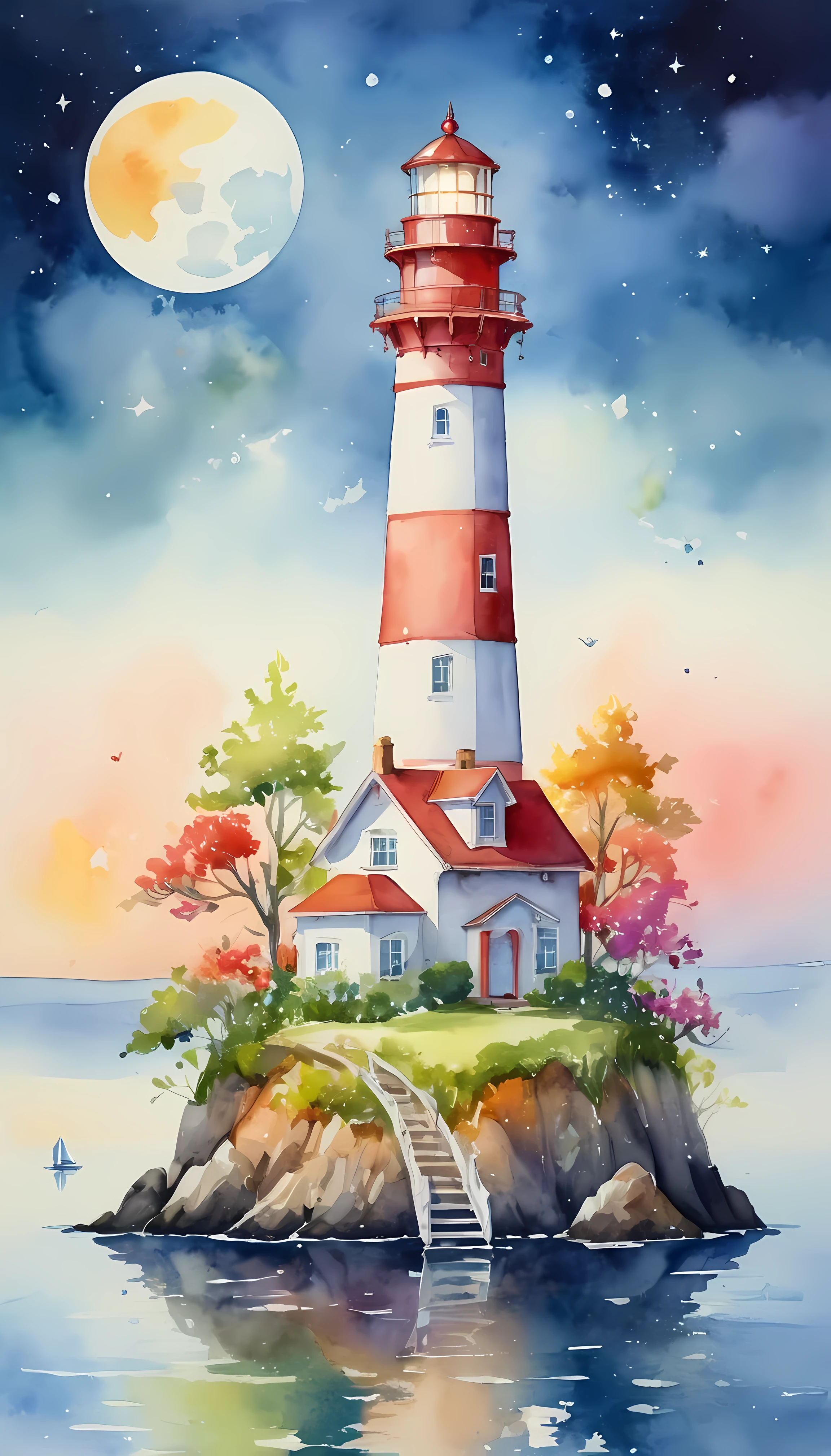 Watercolor painting, masterpiece in maximum 16K resolution, superb quality, a whimsical tall lighthouse (on a floating big island:1.3), the lighthouse has playful design, the floating island has colorful flowers and whimsical trees, night sky with winkling stars, a full moon, dreamy color palette. | ((More_Detail))