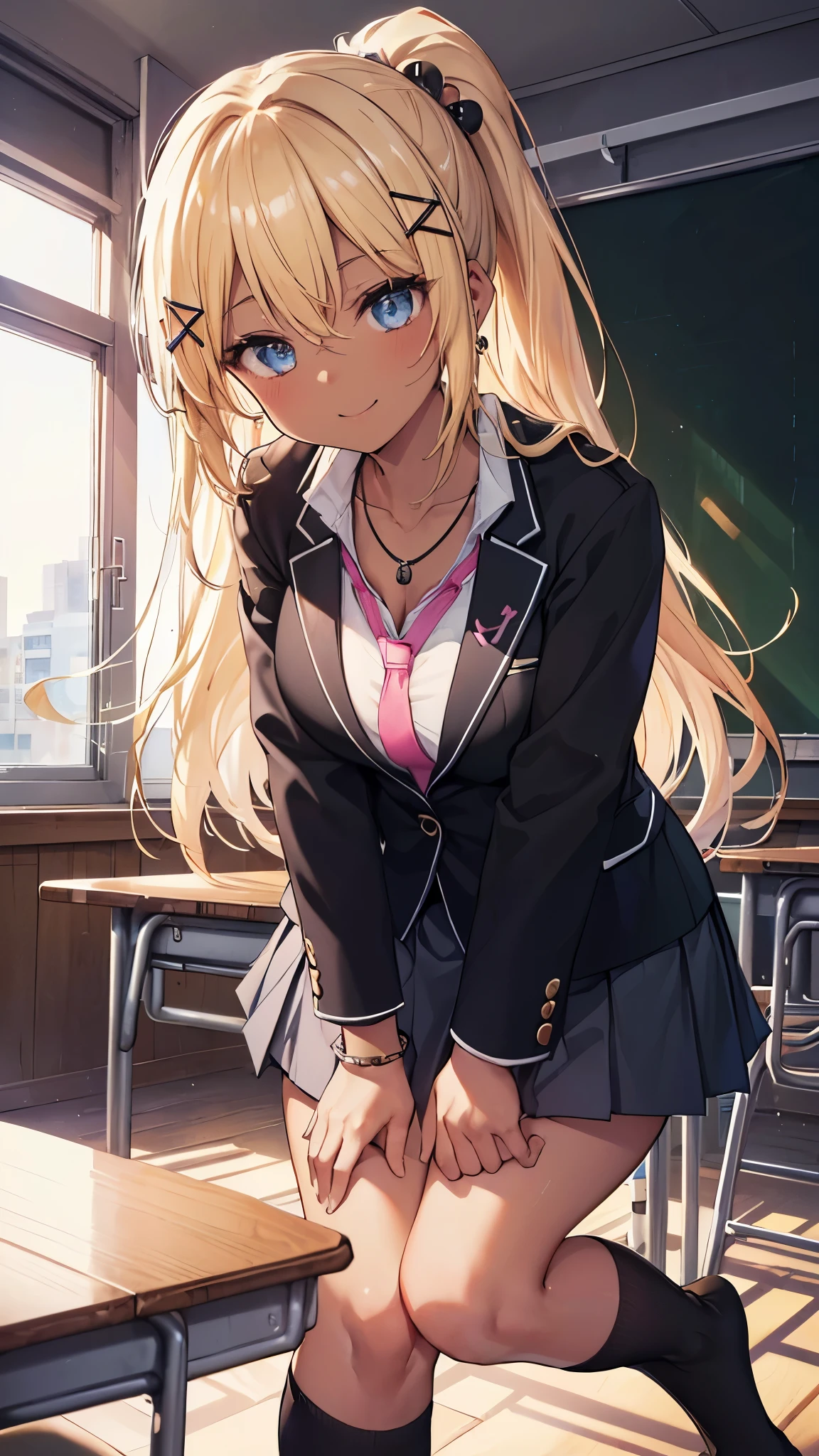 (8k, RAW photo, highest quality, masterpiece:1.2), (Highly detailed 8K wallpaper),figure、professional lighting,sharp focus, Depth of the bounds written、 NSFW、clear eyes、perfect anatomy、perfect lighting、 student、、2 girls included、(smile:1.2)、(leaning forward:1.3)、 (black skin:1.5)、(blonde:1.5)、high ponytail、((necklace, colorful bracelet, ×Hair ornament):1.2), 、huge tit、、Plump ghs AKE UP:1.3)、 (school uniform, blazer:1.3)、(loose socks below the knee:1.5)、 、cowboy shot、classroom、School、