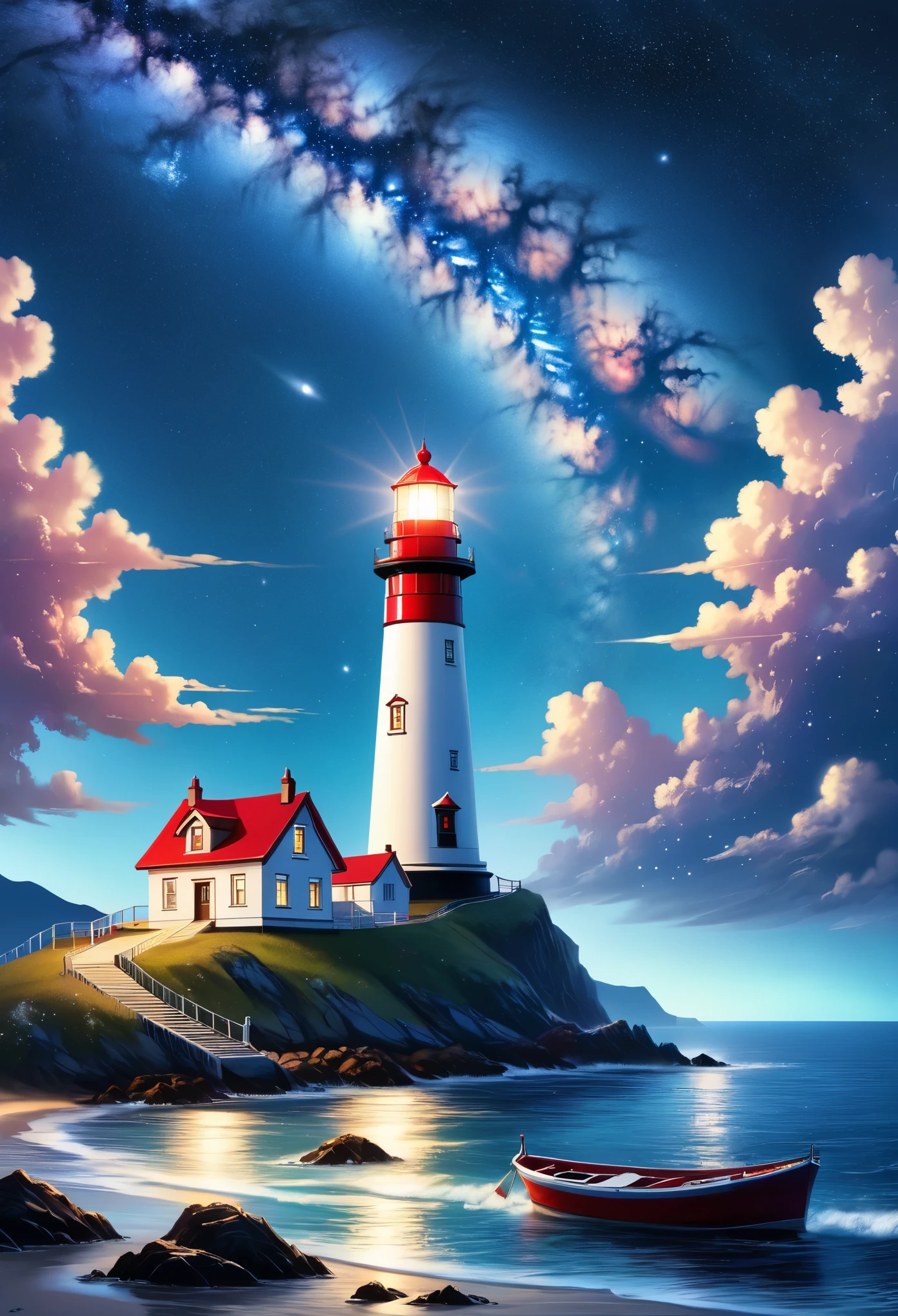 night sky,lighthouse on sea mountain, light in lighthouse, Milky Way,starry sky,Boat,,official art aesthetics,Beautiful digital artwork, a beautiful art, Beautiful scenery,