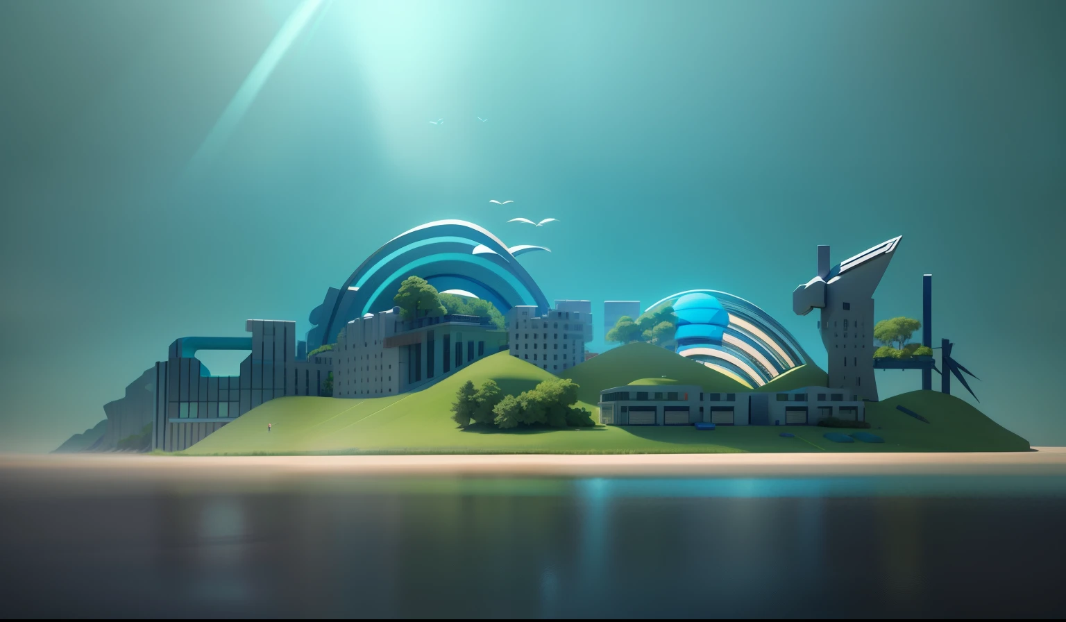 Installation, green and sky blue, high resolution, high quality, sharp focus, octane rendering with global light source, studio lighting and volumetric lighting, high contrast, soft shadows, no blurring, sharp details c4d, unreal engine 5, rendering 3d,4D color rendering, 3D rendering stylized, Stylized digital illustration, 3 d stylize scene, stylized 3d rendering