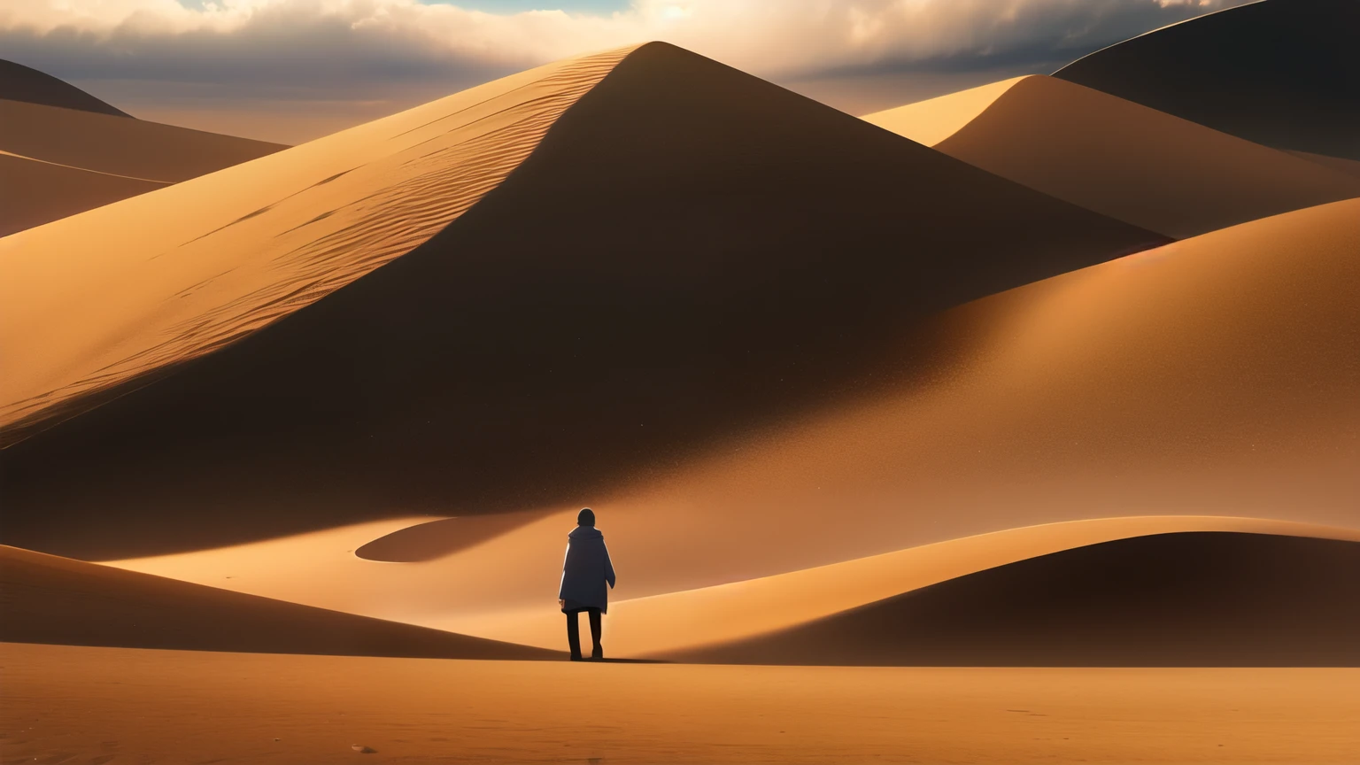 ((best quality)), ((masterpiece)), (detailed), gray desert,A monk walking in the wind,Human occupancy picture 1%