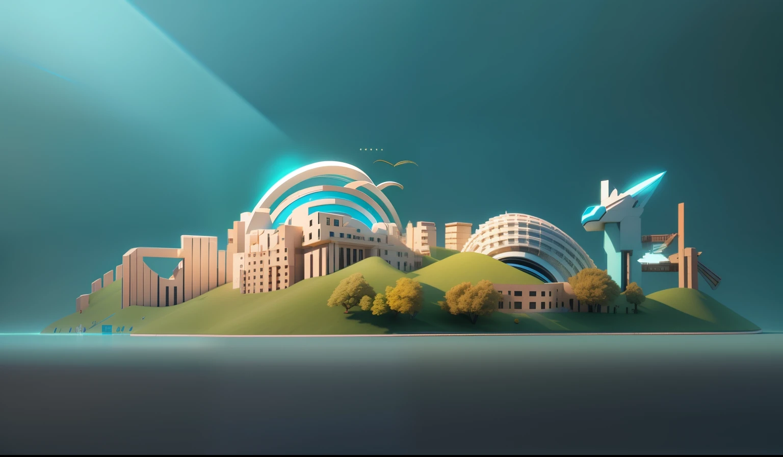 Installation, green and sky blue, high resolution, high quality, sharp focus, octane rendering with global light source, studio lighting and volumetric lighting, high contrast, soft shadows, no blurring, sharp details c4d, unreal engine 5, rendering 3d，4D color rendering, 3D rendering stylized, Stylized digital illustration, 3 d stylize scene, stylized 3d rendering