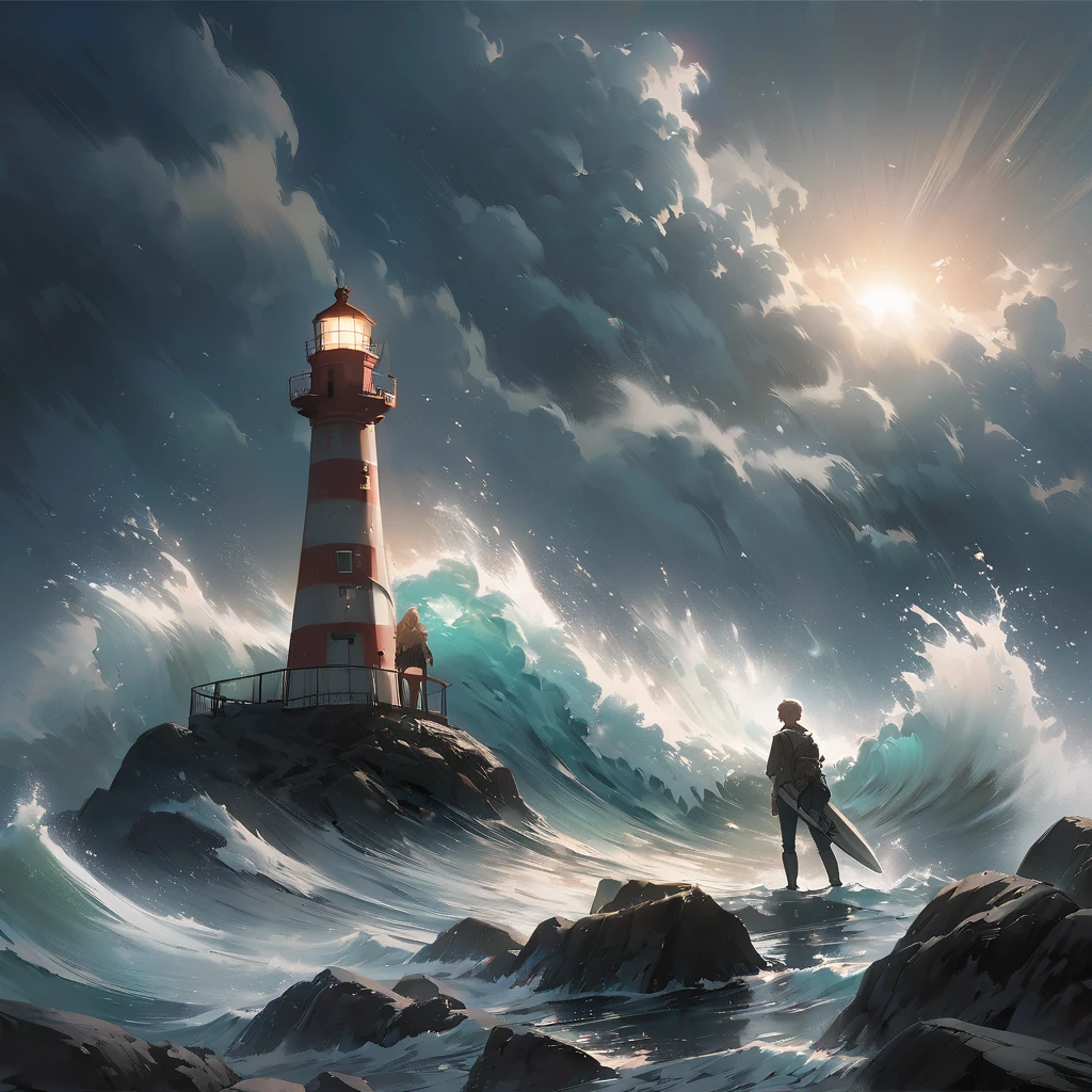 Stunning, premium, Illustration, wide angle, Lighthouse, standing tall, guiding lost sailors, rocky coast, crashing waves, foggy night, rim light, studio light, luminous, soft glow, dynamic lighting, watercolors, realistic, contrast, dreamcore, cinematic, Winslow Homer, Ivan Aivazovsky, Caspar David Friedrich.