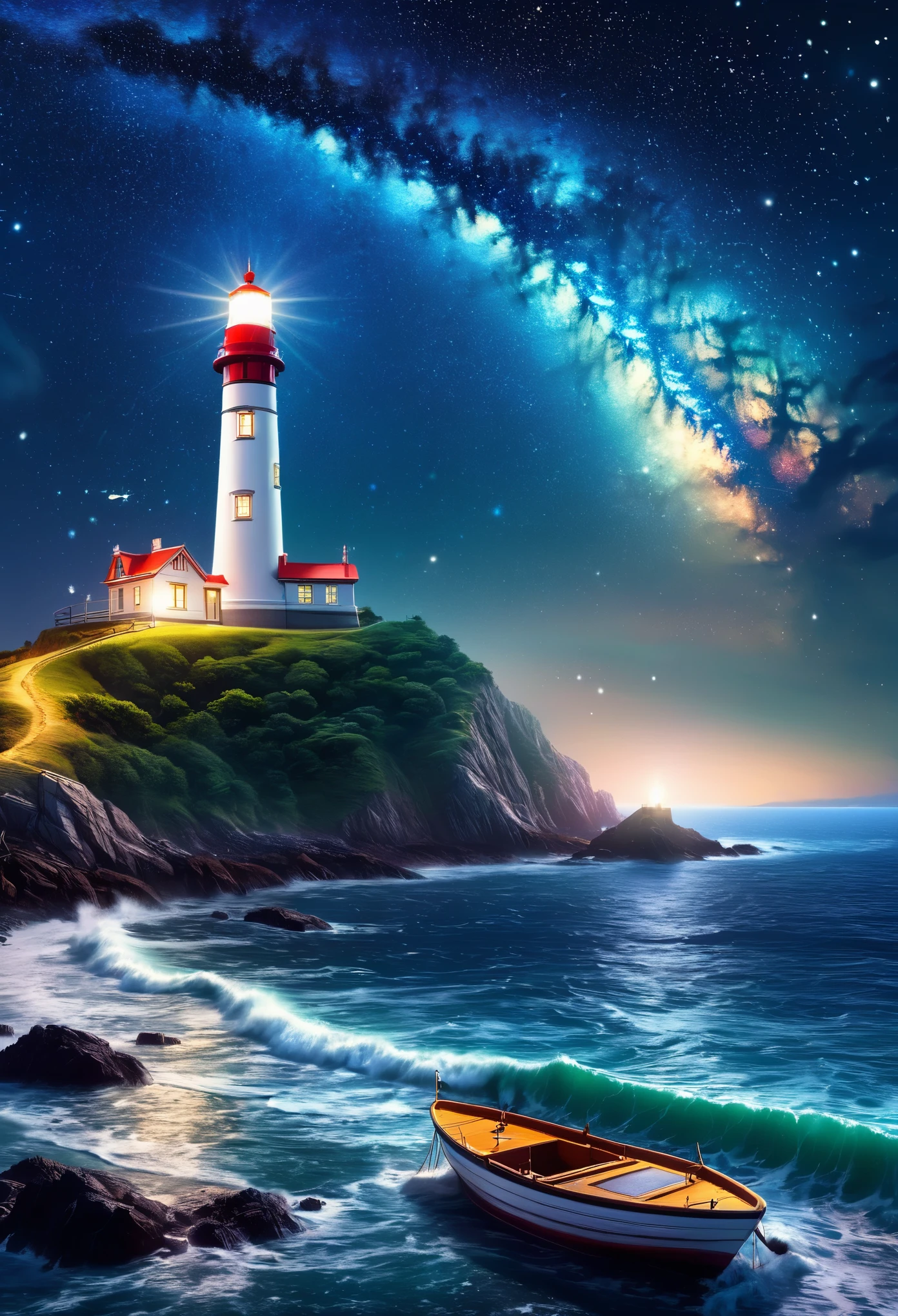 night sky,lighthouse on sea mountain, light in lighthouse, Milky Way,starry sky,Boat,,official art aesthetics,Beautiful digital artwork, a beautiful art, Beautiful scenery,