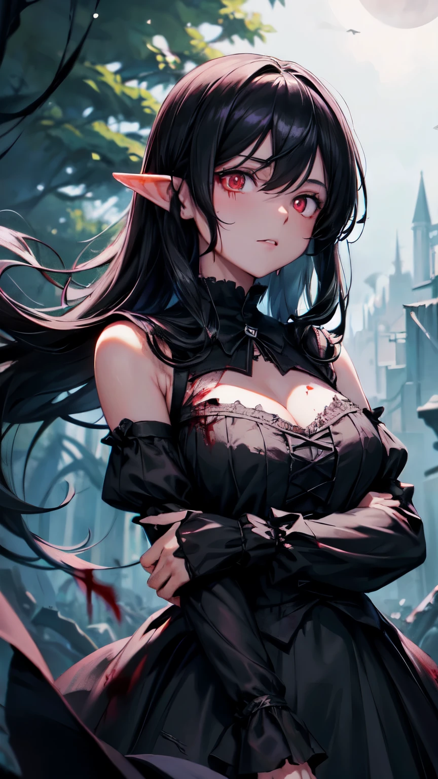 Create an illustration based on the following info: A young women standing in the middle of clearing surrounded by tall trees, (black hair:1.5), long hair, wavy hair, face framing hair, beautiful eyes, glowing red crimson eyes, pink lips, expresionless, impassive, d-cup breasts, slender arms, clawed blood covered hands, clenched fists, slender thighs, dainty feets, gothic dress, (black dress:1.5), black choker, lace choker, (black sleeves:1.5), detached sleeves, (black skirt:1.5), high-low skirt, layered skirt, lace trim, night, full moon, bright moonlight, cinematic lighting, green leaves, close up, looking at viewer, dark atmosphere, Add clothes detail, blood, blood on face, (blood on face:1.5), elf ears, black energy, black smoke, (black smoke:1.5), fire sparks