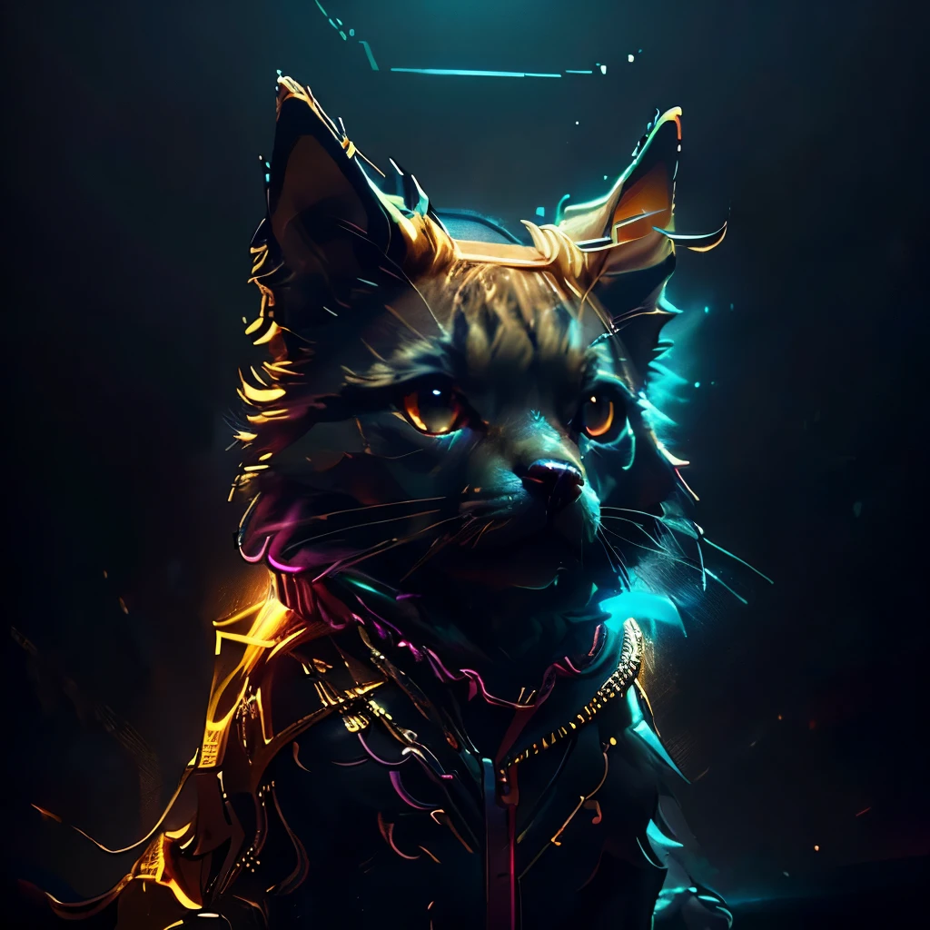 A dog wearing a leather jacket with golden lights reflecting, looking at the camera, with colorful and neon lighting over the environment, ultra realistic image, aspect ratio 9:16, (realistic: 1.5), (masterpiece, extremely detailed CG unit 8k wallpaper, best quality, highres: 1.2), (ultra_detailed, UHD: 1.2), perfect lighting, unreal engine, side lighting, (dark background: 1.4)