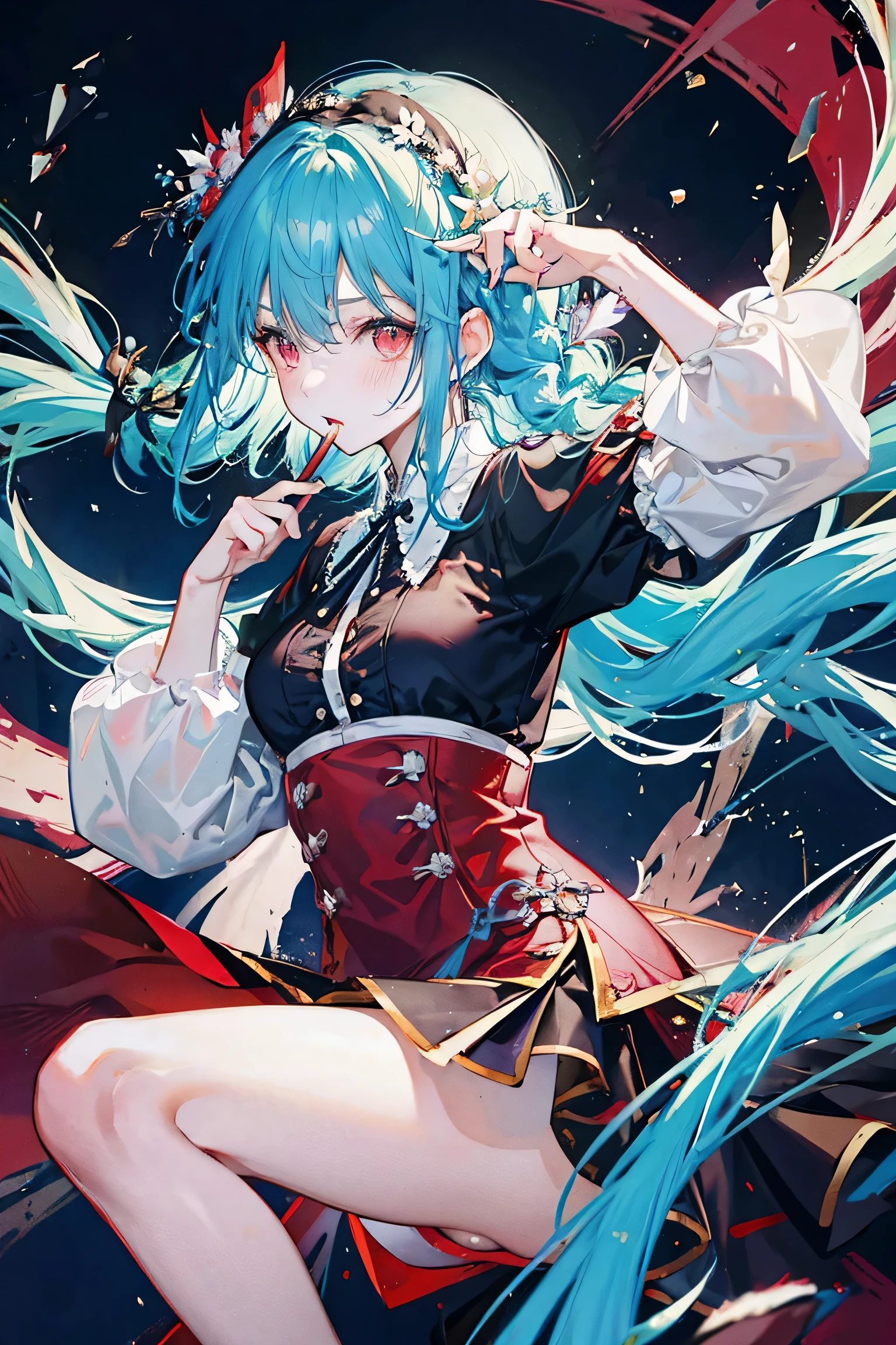 Wanye Hongyan is an adult woman, Her white hair was tied into a short braid，put it behind your head，Under the two dull strands of hair on the top of the head，Red dye is the same as the eye color，red eyes，F cup，Wearing a red cheongsam，Wearing black stockings，Put your arms around Wendy&#39;waist。 Wendy is a grown girl，Bu is actually very mature，The hair is blue，gradually turns dark green，There are two twisted braids on the temples，The two braids faded from blue to dark green，cyan eyes，Cyan cheongsam，E cup，wearing white silk。The two sat on the bed