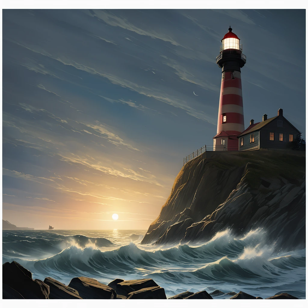 Stunning, premium, Illustration, wide angle, Lighthouse, standing tall, guiding lost sailors, rocky coast, crashing waves, foggy night, rim light, studio light, luminous, soft glow, dynamic lighting, watercolors, realistic, contrast, dreamcore, cinematic, Winslow Homer, Ivan Aivazovsky, Caspar David Friedrich.