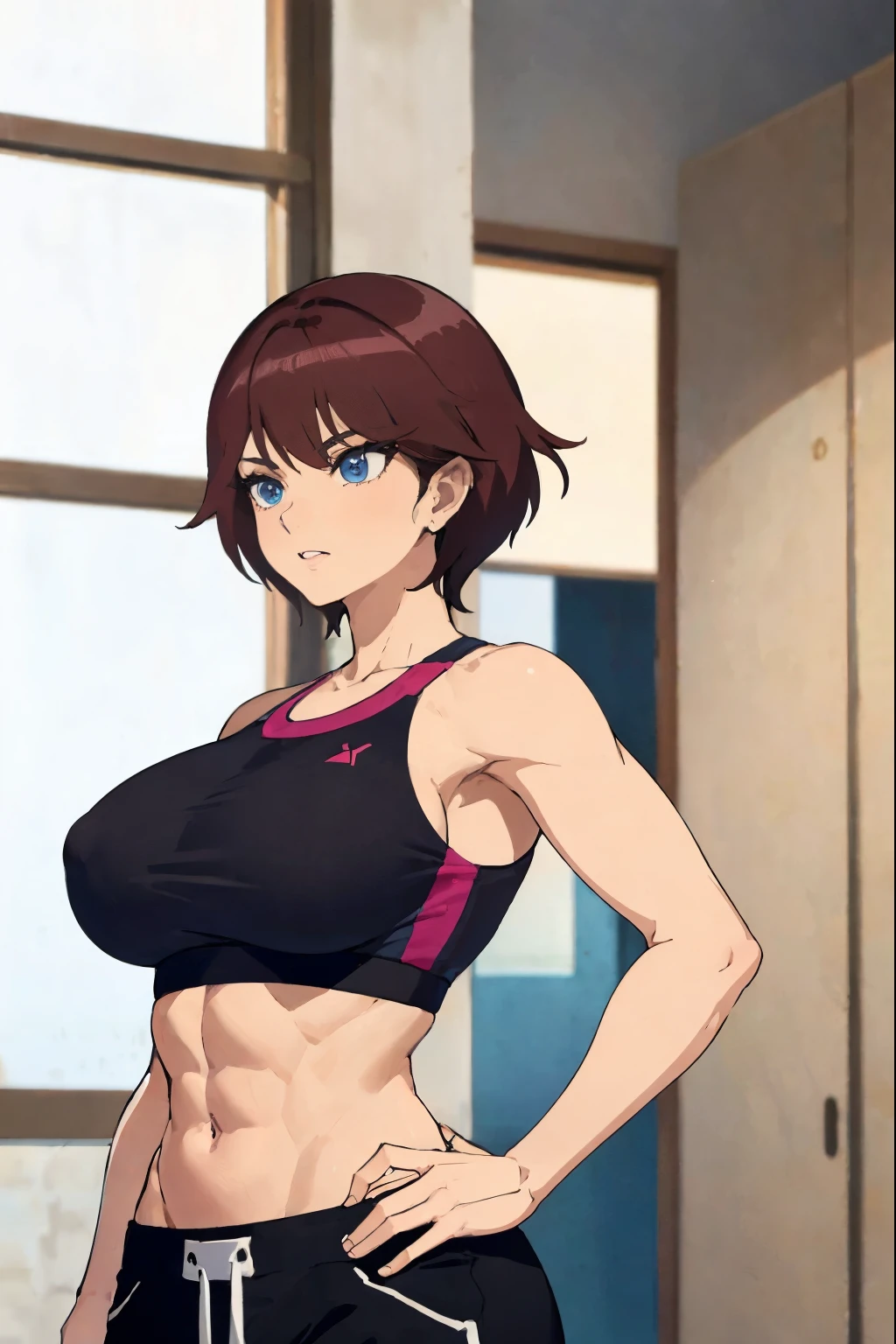 Close-up of a woman with short brown hair, blue eyed woman, big breasts, had very large breasts, Made at Anime Painter Studio, Tits, clothing:black sports bra, 女性がAre standing, anime style, muscular woman, feminine and muscular, tall, high school girl, adult sex appeal, wore long pants, Are standing, sports bra with an black, long pants with an red, anime dick!!!!, bare shoulders, bare arms, from the front, female focus,