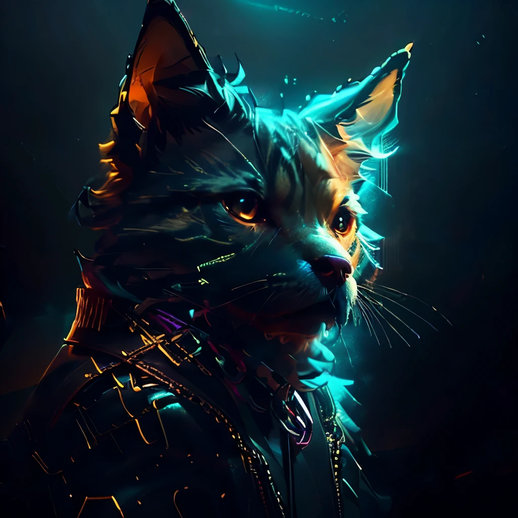 A dog wearing a leather jacket with golden lights reflecting, looking at the camera, with colorful and neon lighting over the environment, ultra realistic image, aspect ratio 9:16, (realistic: 1.5), (masterpiece, extremely detailed CG unit 8k wallpaper, best quality, highres: 1.2), (ultra_detailed, UHD: 1.2), perfect lighting, unreal engine, side lighting, (dark background: 1.4)