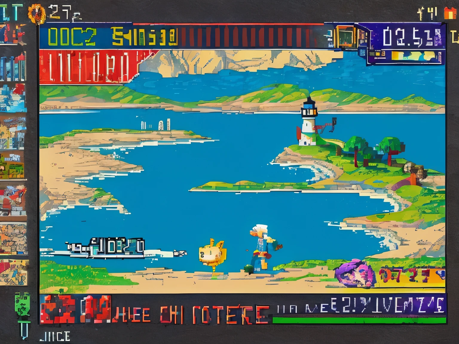 photo of a scene from an 8-bit computer game, side view of coast, the hero walking along the coast to the lighthouse, a monster standing in the way, fighting, 8-bit depth of field, 2D,