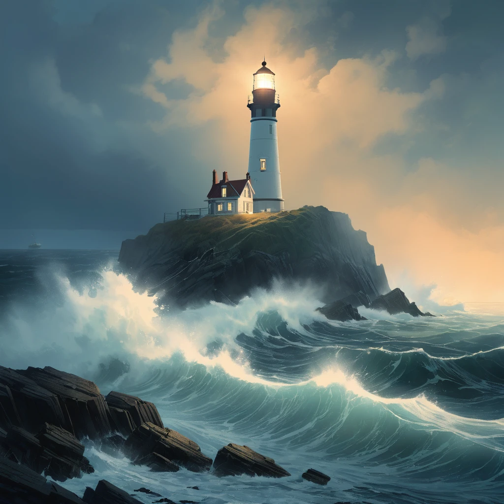 Stunning, premium, Illustration, wide angle, Lighthouse, standing tall, guiding lost sailors, rocky coast, crashing waves, foggy night, rim light, studio light, luminous, soft glow, dynamic lighting, watercolors, realistic, contrast, dreamcore, cinematic, Winslow Homer, Ivan Aivazovsky, Caspar David Friedrich.