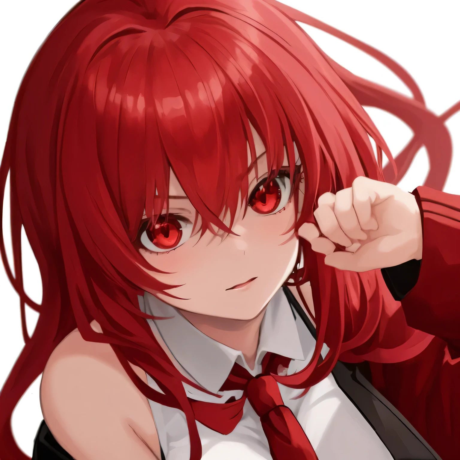 1girl, anime, red_flowy_hair, red_eyes, cocky, white_tanktop, scarlet_red_jacket, black_tie, white_background, looking_at_viewer_from_below, close_up