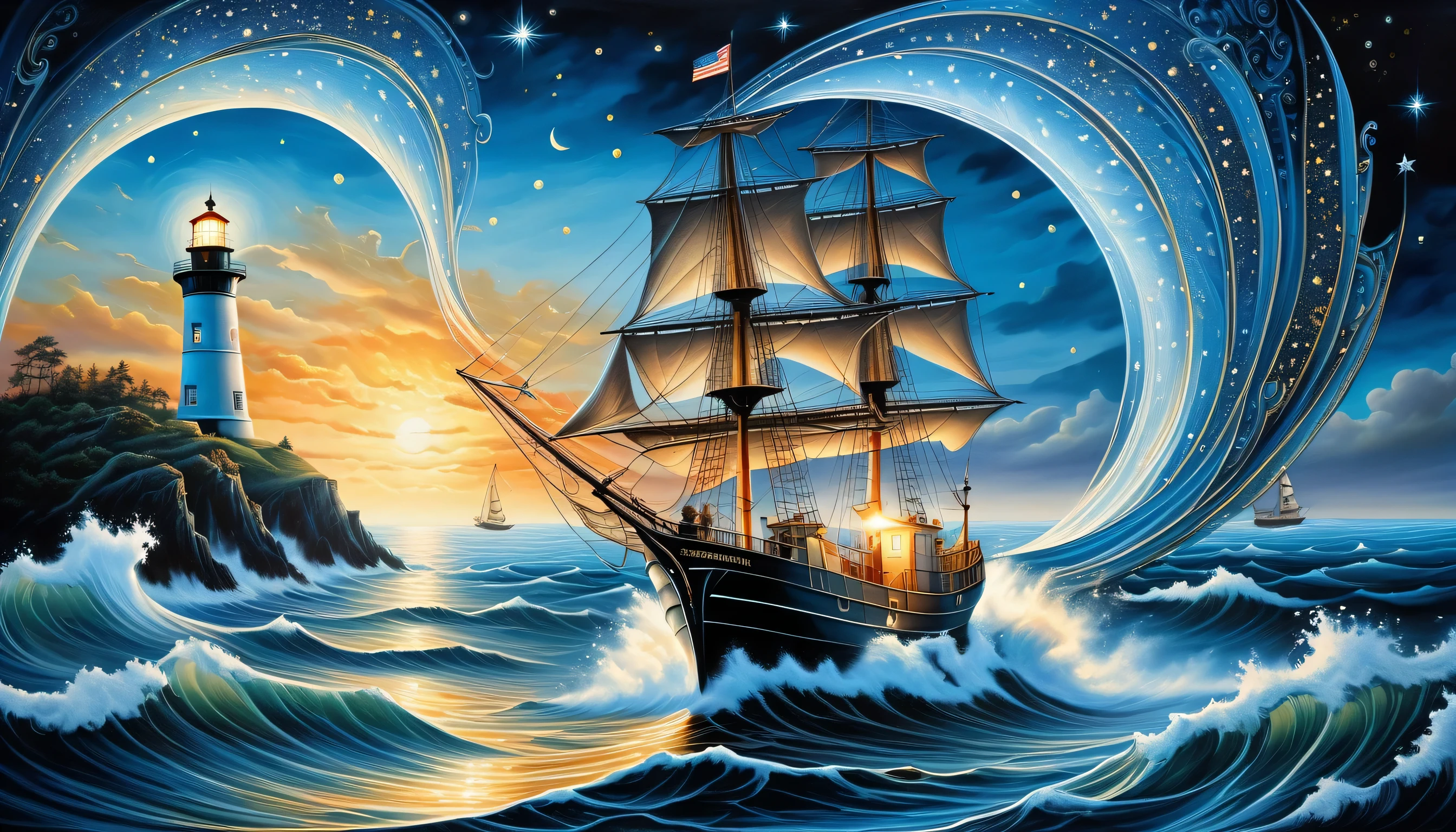 elaborate crossover illustration, high ground and fine detail sea, intricate detail if 1 lighthouse, 1 seasoned and fearless slender fisherman of upper body, stunning fine detailed fishing ship, falling star, high quality, best quality, distinctly contrast, conscientious of draw and painting, beautiful detail glow, 16k, precision like draw, minuteness painting, wide shot, night fantasy style, captured, breathtaking glow skill and precision contrast, highly quality oil painting, accurate details,