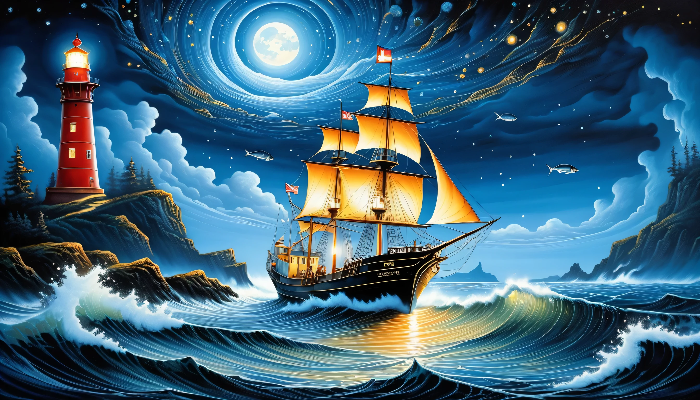 elaborate crossover illustration, high ground and fine detail sea, intricate detail if 1 lighthouse, 1 seasoned and fearless slender fisherman of upper body, stunning fine detailed fishing ship, falling star, high quality, best quality, distinctly contrast, conscientious of draw and painting, beautiful detail glow, 16k, precision like draw, minuteness painting, wide shot, night fantasy style, captured, breathtaking glow skill and precision contrast, highly quality oil painting,