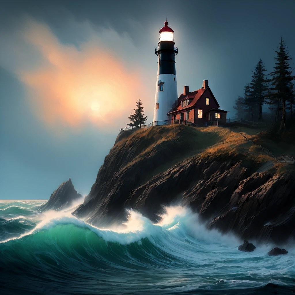 Stunning, premium, Illustration, wide angle, Lighthouse, standing tall, guiding lost sailors, rocky coast, crashing waves, foggy night, rim light, studio light, luminous, soft glow, dynamic lighting, watercolors, realistic, contrast, dreamcore, cinematic, Winslow Homer, Ivan Aivazovsky, Caspar David Friedrich.