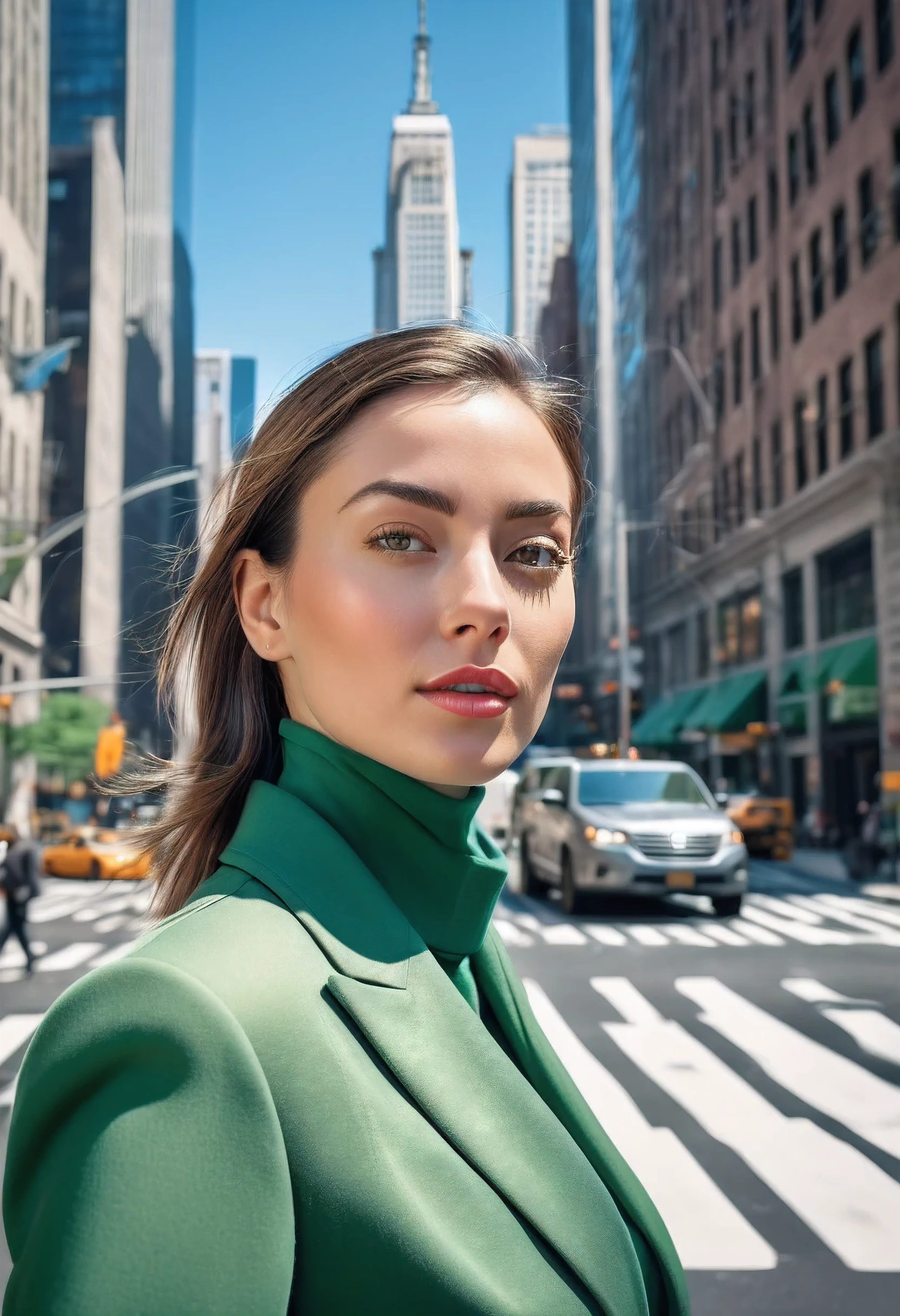 (melhor qualidade,Realista:1.2), uma mulher profissional, cores verdes, Detailed faces and expressions, modern and urban architectural details, confident and friendly atmosphere, estilo de moda corporativa, paisagem urbana movimentada, luz solar quente, clear blue sky, midday lighting, sharp focus, urban elegance, ruas civis , new york city streetlarge corporate building in the background with modern and futuristic architecture, cinematic quality, 