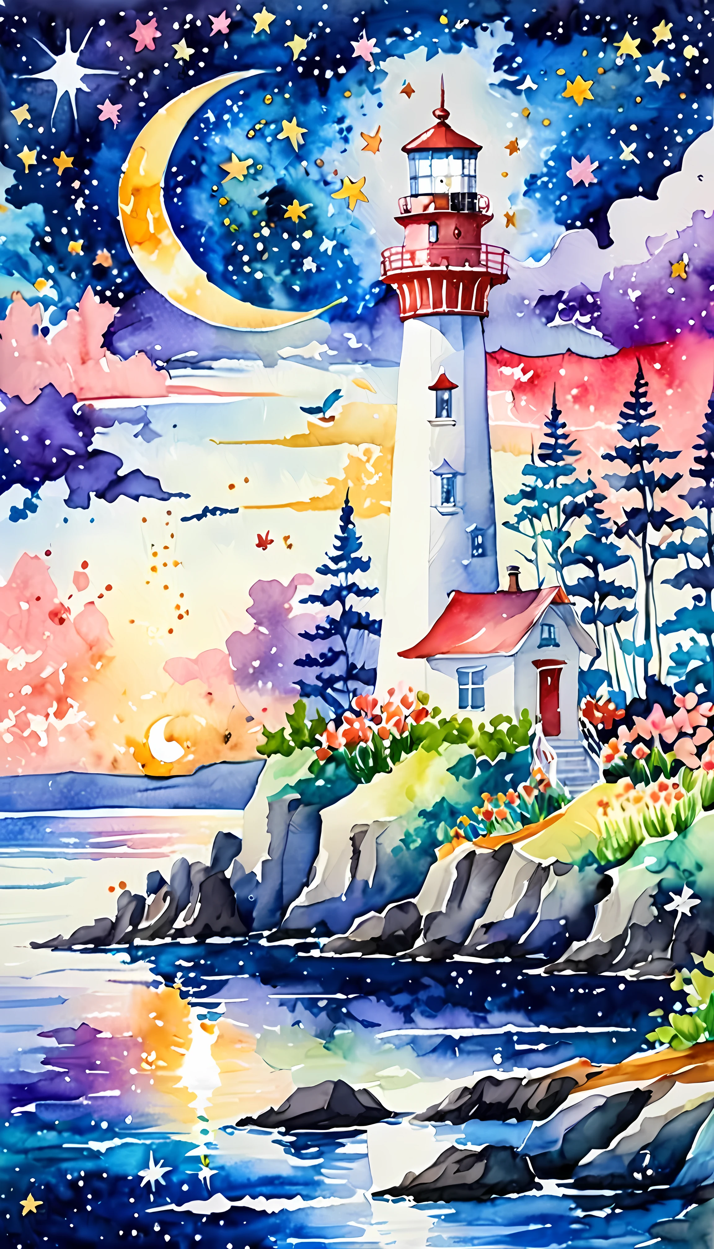 Watercolor painting, masterpiece in maximum 16K resolution, superb quality, a whimsical tall lighthouse on a floating big island, the lighthouse has playful design, the floating island has colorful flowers and whimsical trees, night sky with winkling stars, a shooting star, a crescent moon, dreamy color palette. | ((More_Detail))