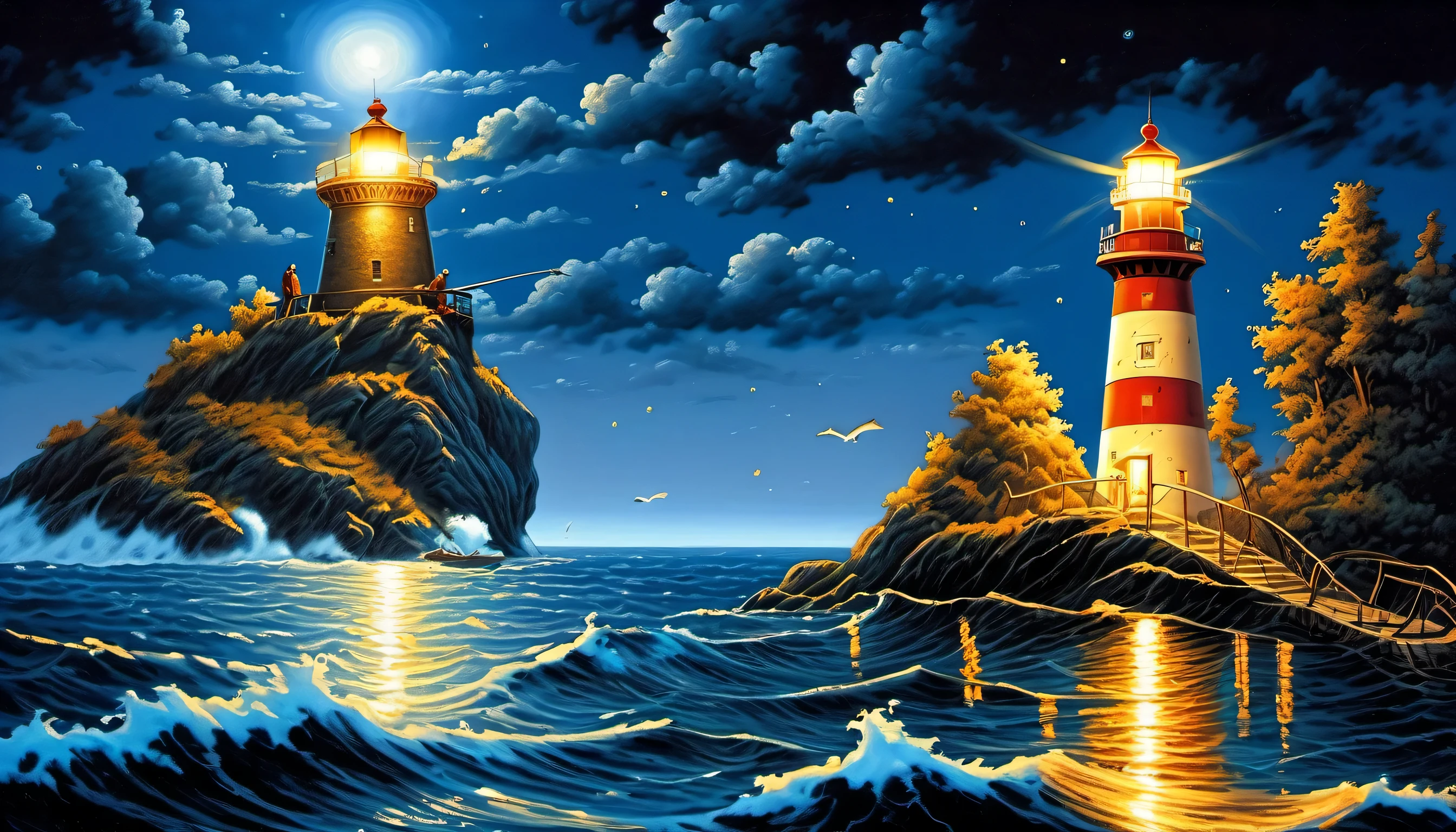 elaborate crossover illustration, high ground and fine detail sea, intricate detail if 1 lighthouse, 1 seasoned and fearless slender fisherman of upper body, stunning fine detailed fishing ship, falling star, high quality, best quality, distinctly contrast, conscientious of draw and painting, beautiful detail glow, 16k, precision like draw, minuteness painting, wide shot, night fantasy style, captured, breathtaking glow skill and precision contrast, highly quality oil painting,