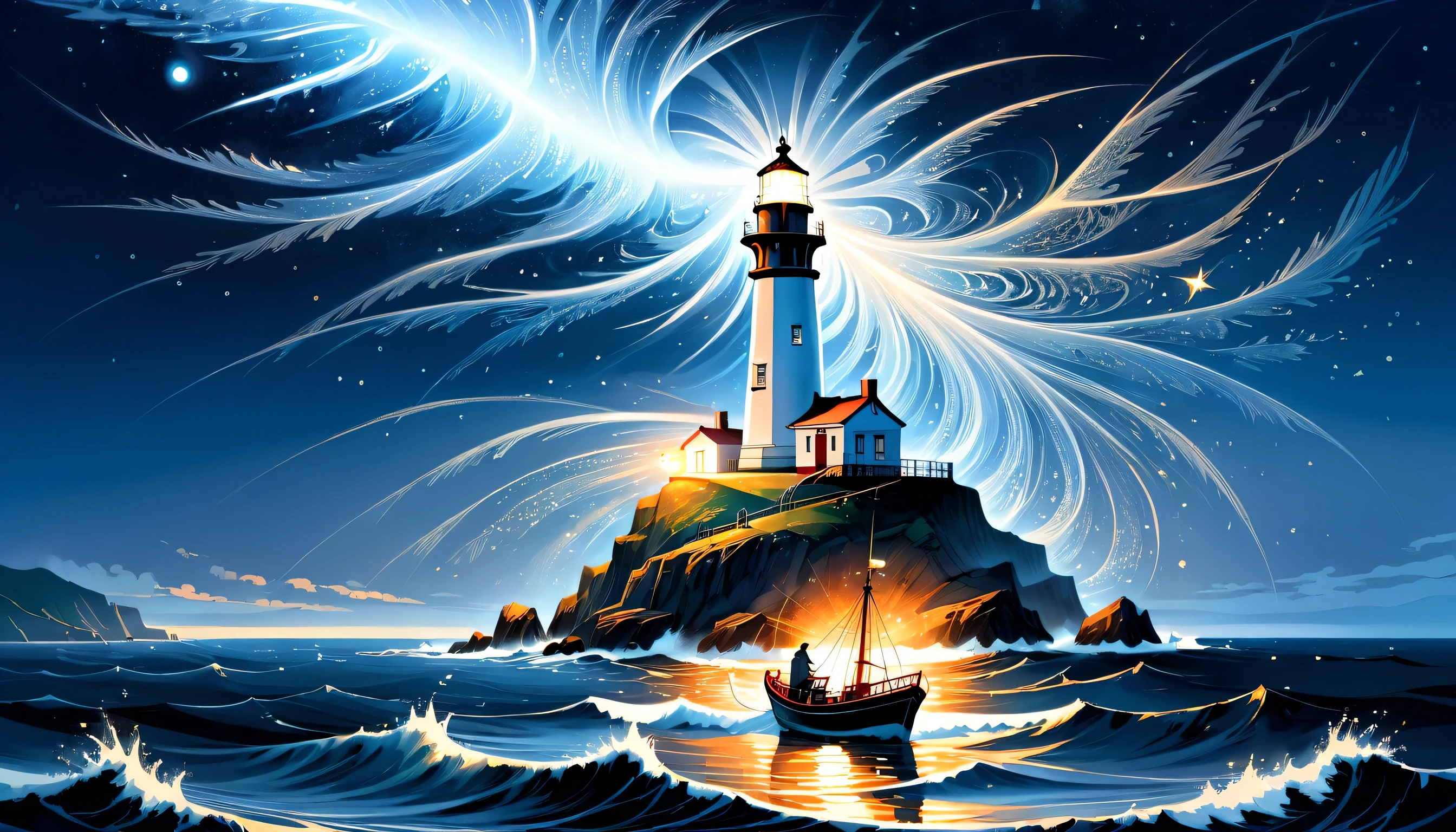 elaborate crossover illustration, high ground and fine detail sea, intricate detail if 1 lighthouse, 1 seasoned and fearless slender fisherman of upper body, stunning fine detailed fishing ship, falling star, high quality, best quality, distinctly contrast, conscientious of draw and painting, beautiful detail glow, 16k, precision like draw, minuteness painting, wide shot, night fantasy style, captured, breathtaking glow skill and precision contrast, highly quality oil painting, accurate details,